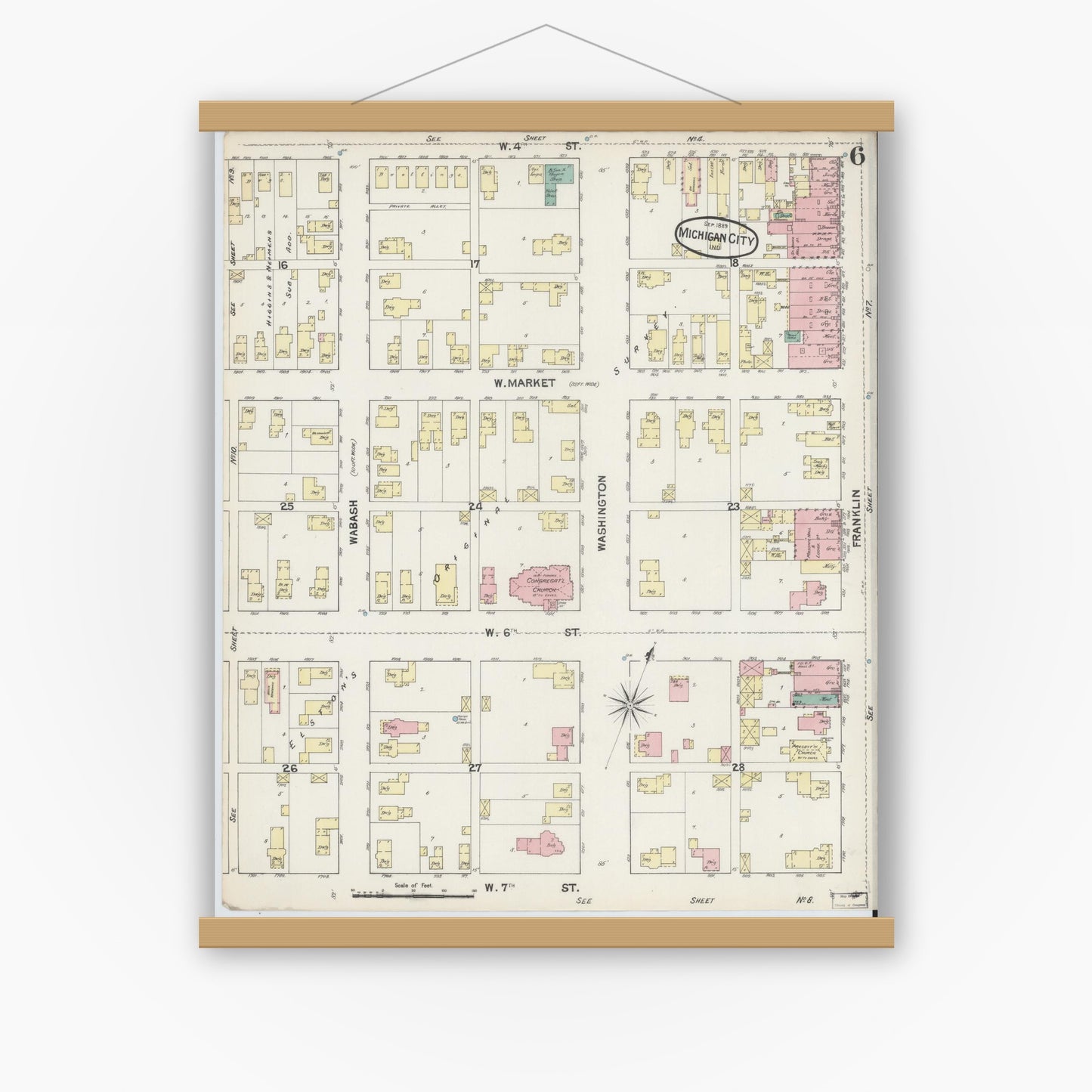 Old map wall art mockup — magnetic wood frame on white wall — Sanborn Fire Insurance Map from Michigan City, La Porte County, Indiana (1889), Sheet #0006