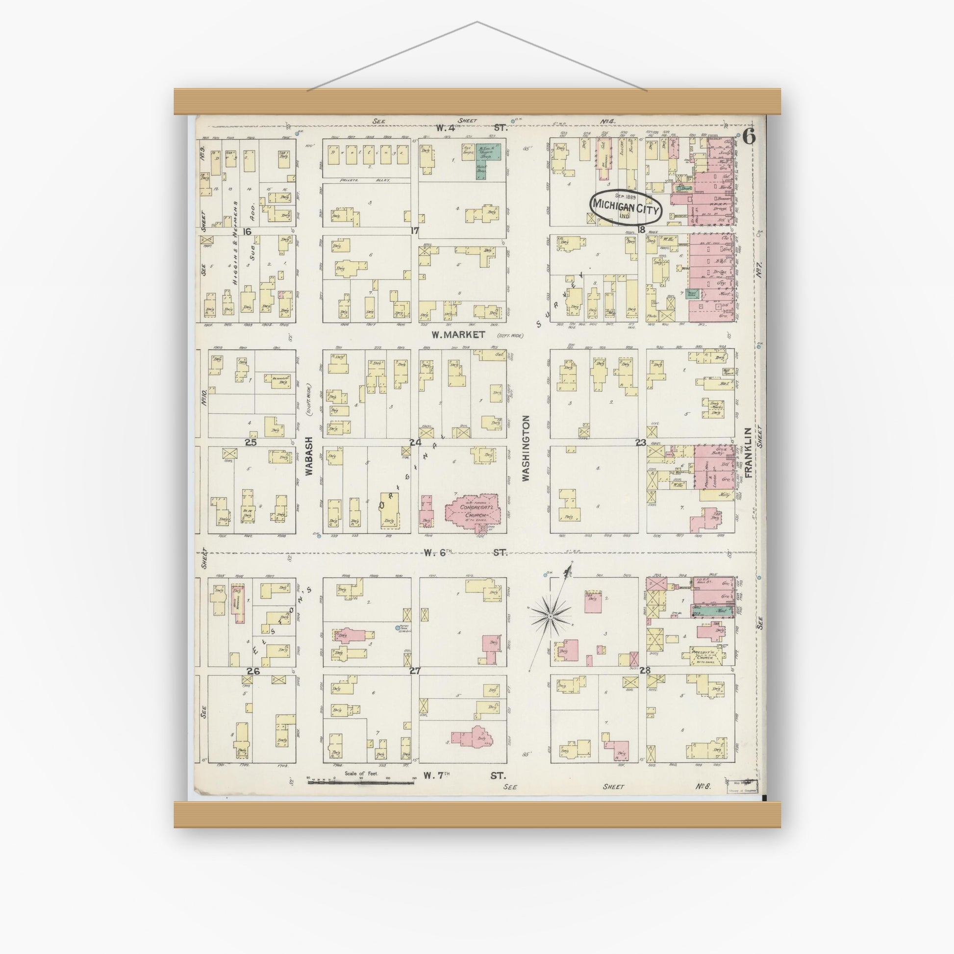 Old map wall art mockup — magnetic wood frame on white wall — Sanborn Fire Insurance Map from Michigan City, La Porte County, Indiana (1889), Sheet #0006