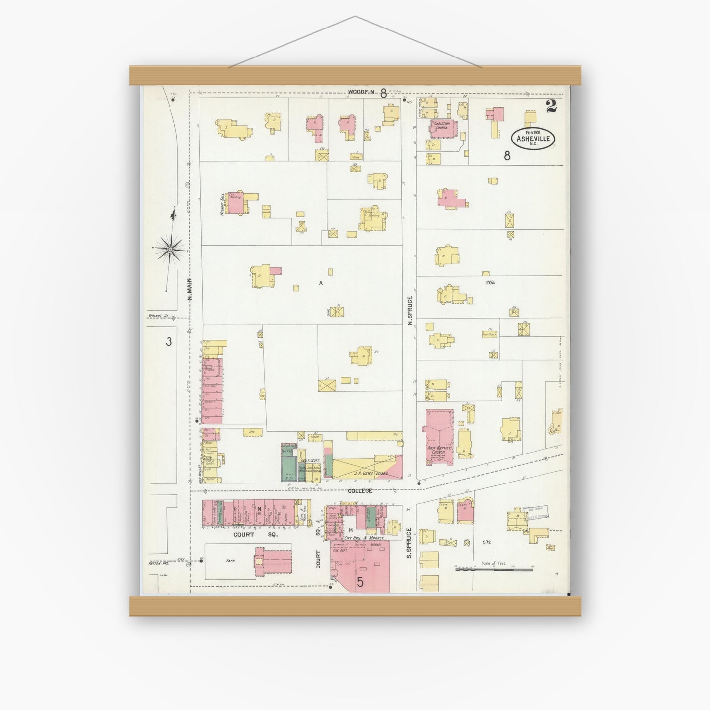 Old map wall art mockup — magnetic wood frame on white wall — Sanborn Fire Insurance Map from Asheville, Buncombe County, North Carolina (1901), Sheet #0002