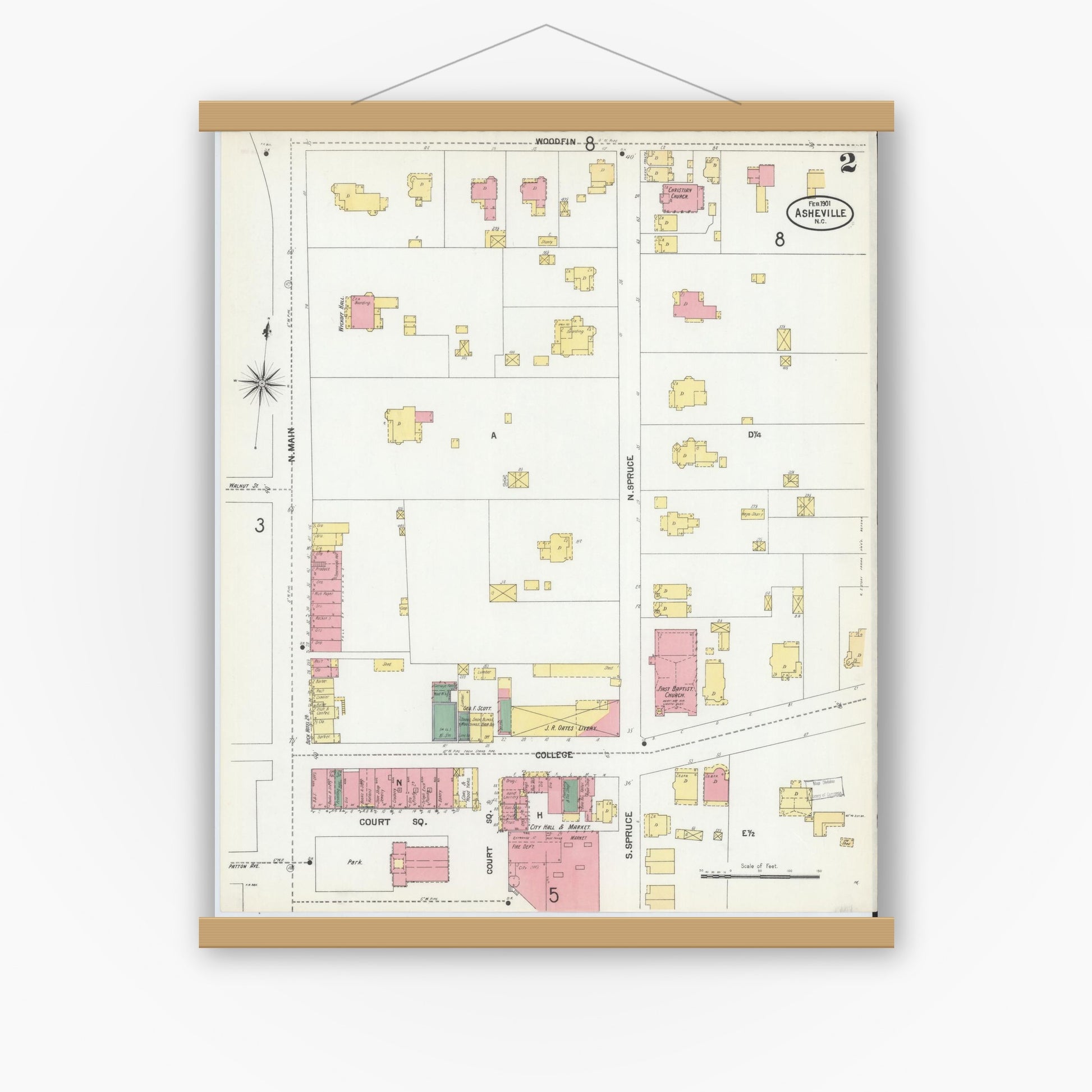Old map wall art mockup — magnetic wood frame on white wall — Sanborn Fire Insurance Map from Asheville, Buncombe County, North Carolina (1901), Sheet #0002