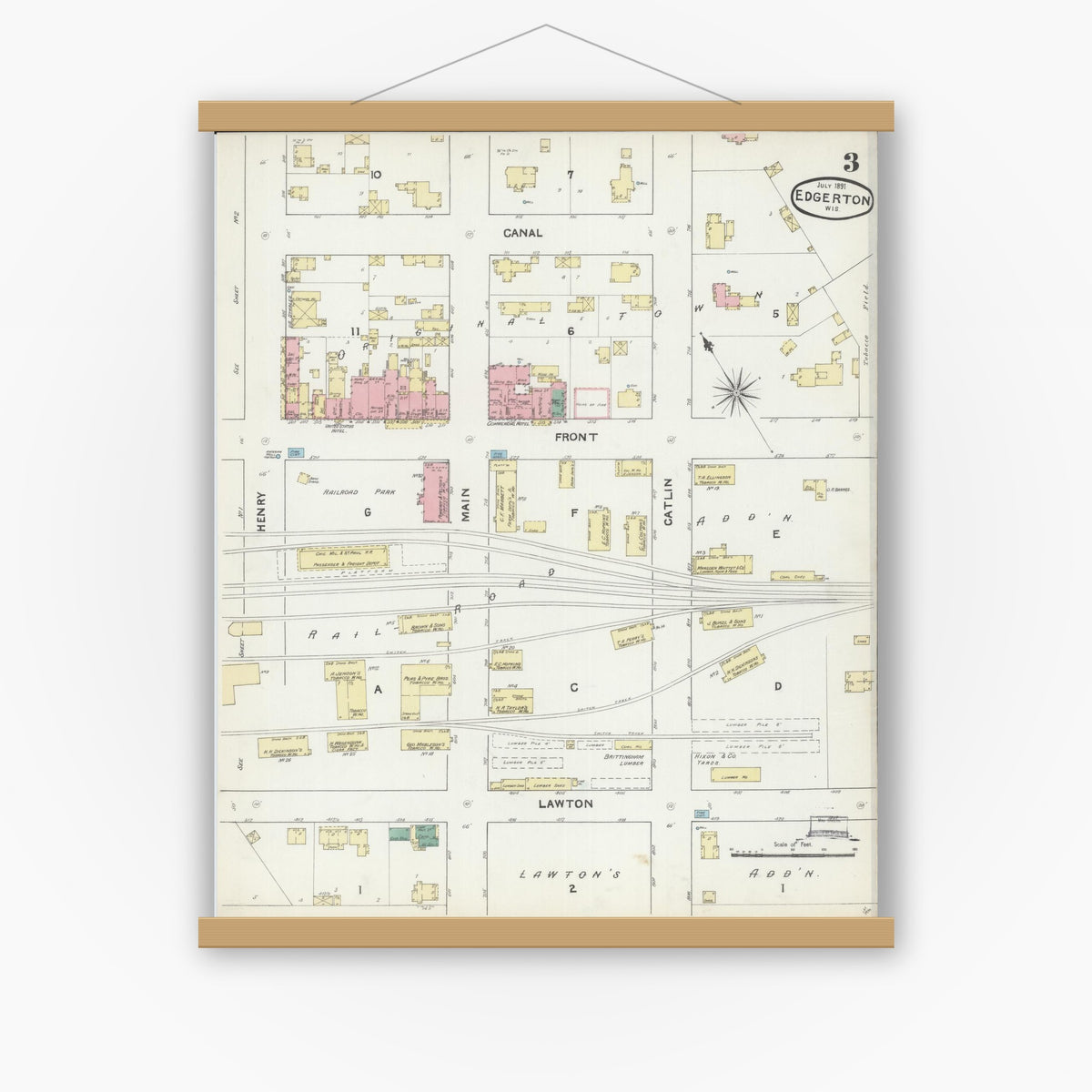 Old map wall art mockup — magnetic wood frame on white wall — Sanborn Fire Insurance Map from Edgerton, Rock County, Wisconsin (1891), Sheet #0003