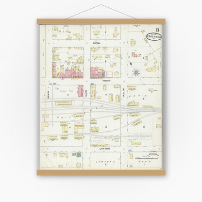 Old map wall art mockup — magnetic wood frame on white wall — Sanborn Fire Insurance Map from Edgerton, Rock County, Wisconsin (1891), Sheet #0003