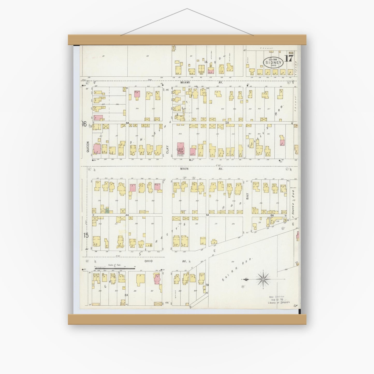 Old map wall art mockup — magnetic wood frame on white wall — Sanborn Fire Insurance Map from Sidney, Shelby County, Ohio (1898), Sheet #0017