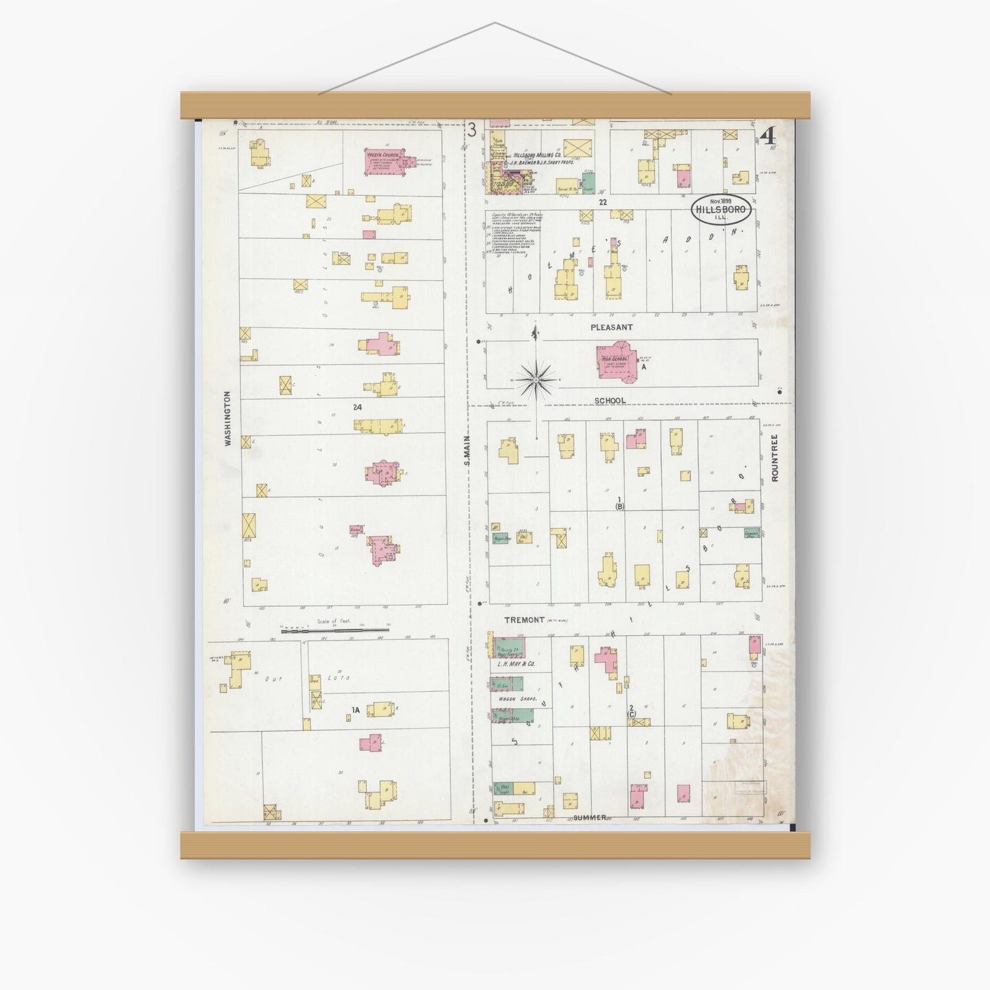 Old map wall art mockup — magnetic wood frame on white wall — Sanborn Fire Insurance Map from Hillsboro, Montgomery County, Illinois (1899), Sheet #0004