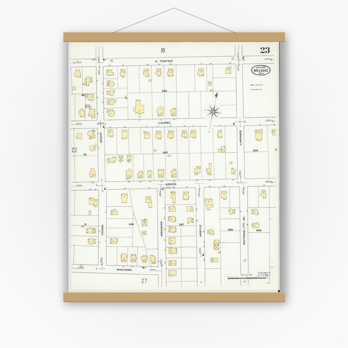 Old map wall art mockup — magnetic wood frame on white wall — Sanborn Fire Insurance Map from Melrose, Middlesex County, Massachusetts (1909), Sheet #0023