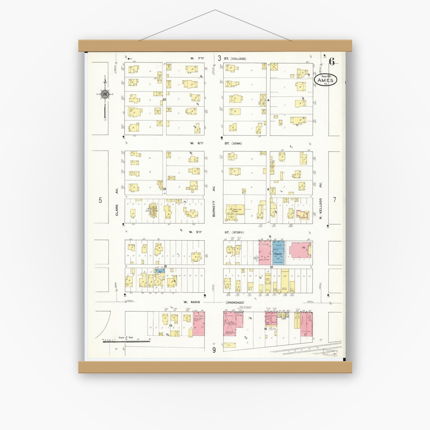 Old map wall art mockup — magnetic wood frame on white wall — Sanborn Fire Insurance Map from Ames, Story County, Iowa (1911), Sheet #0006