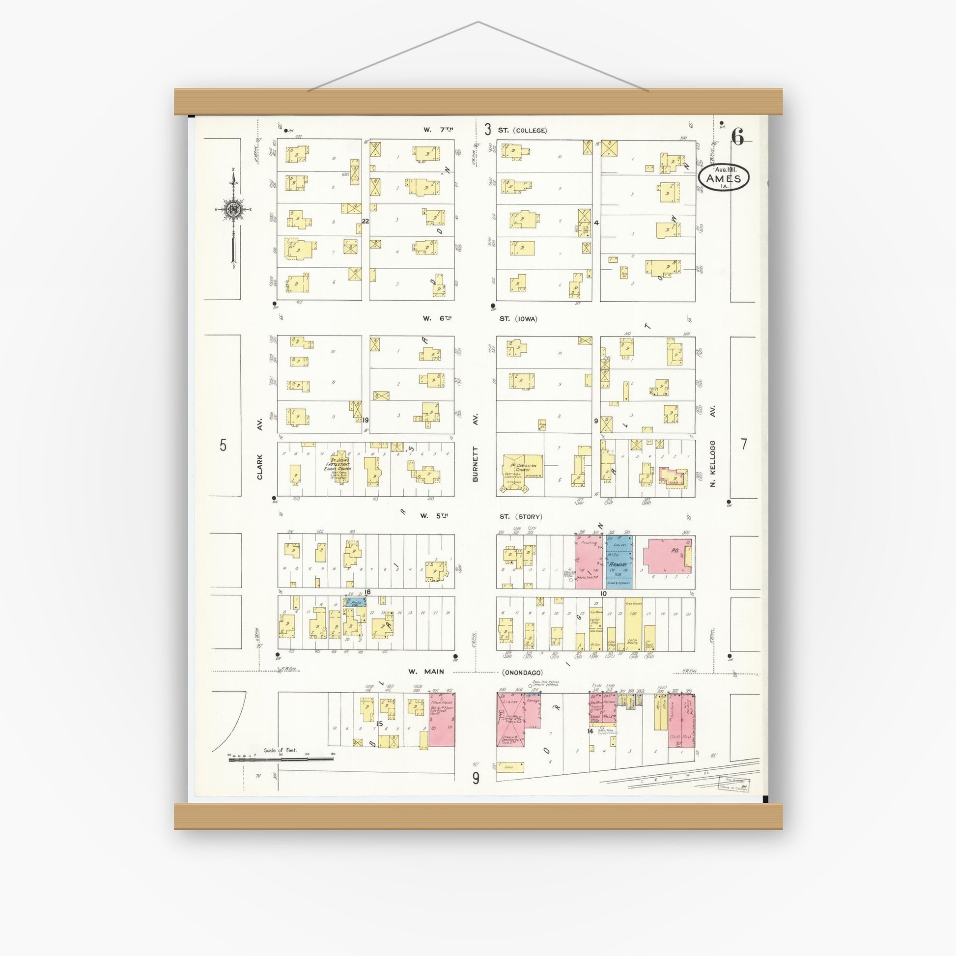 Old map wall art mockup — magnetic wood frame on white wall — Sanborn Fire Insurance Map from Ames, Story County, Iowa (1911), Sheet #0006