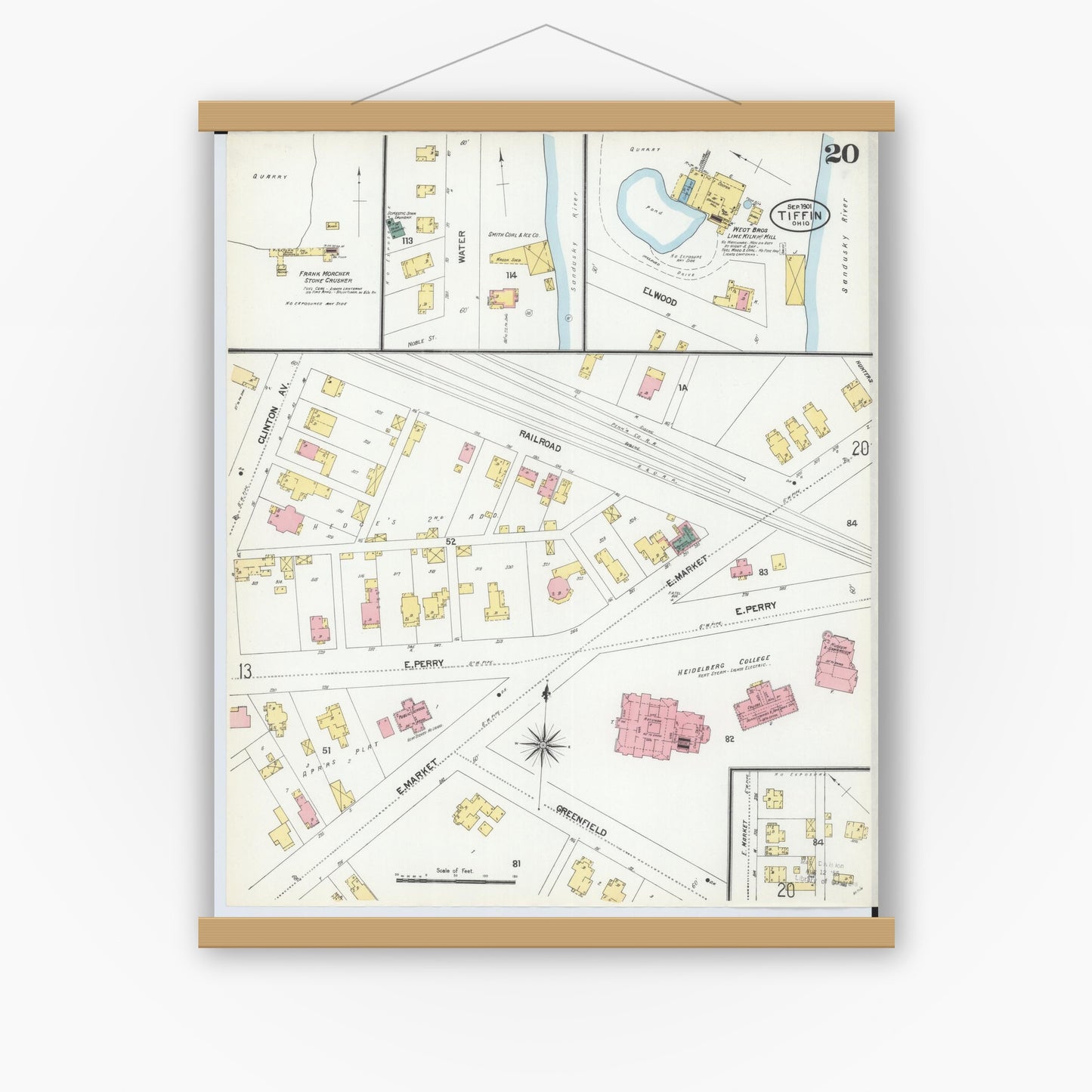 Old map wall art mockup — magnetic wood frame on white wall — Sanborn Fire Insurance Map from Tiffin, Seneca County, Ohio (1901), Sheet #0020
