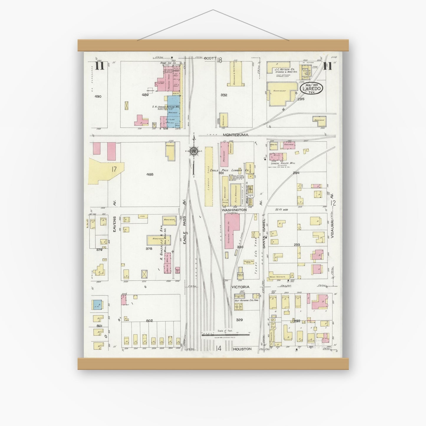 Old map wall art mockup — magnetic wood frame on white wall — Sanborn Fire Insurance Map from Laredo, Webb County, Texas (1925), Sheet #0011