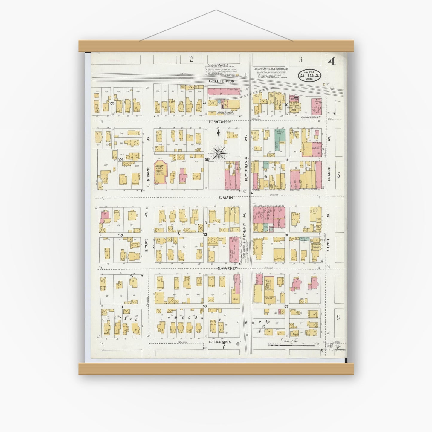Old map wall art mockup — magnetic wood frame on white wall — Sanborn Fire Insurance Map from Alliance, Stark County, Ohio (1904), Sheet #0004