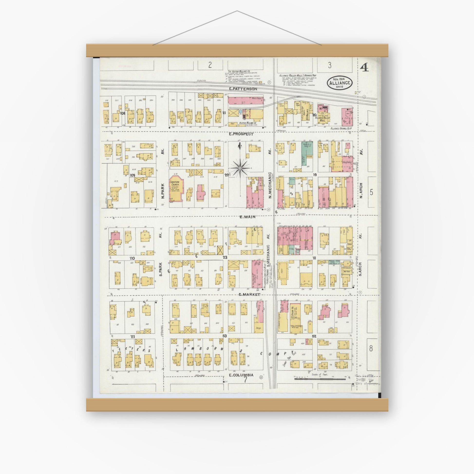 Old map wall art mockup — magnetic wood frame on white wall — Sanborn Fire Insurance Map from Alliance, Stark County, Ohio (1904), Sheet #0004