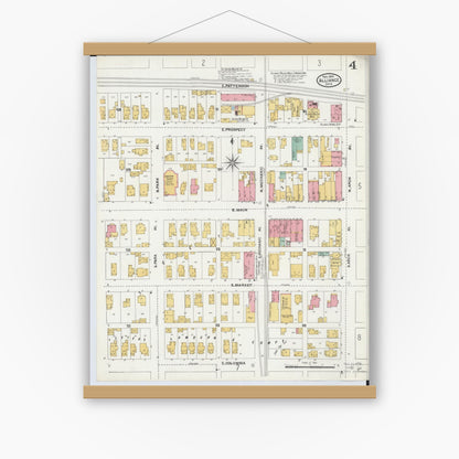 Old map wall art mockup — magnetic wood frame on white wall — Sanborn Fire Insurance Map from Alliance, Stark County, Ohio (1904), Sheet #0004