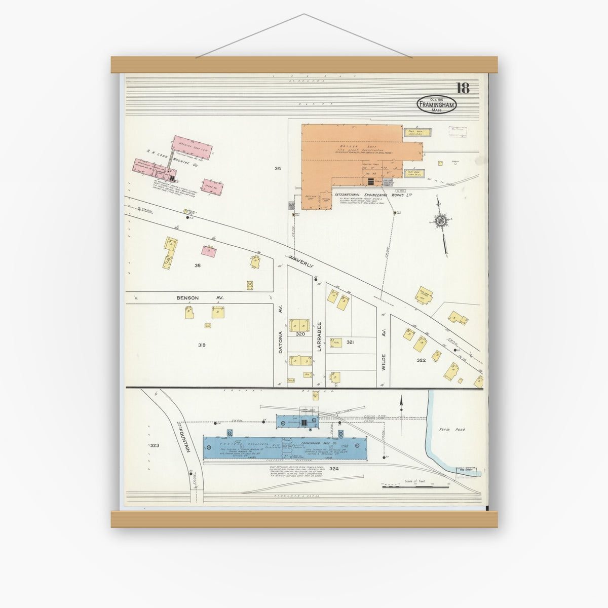 Old map wall art mockup — magnetic wood frame on white wall — Sanborn Fire Insurance Map from Framingham, Middlesex County, Massachusetts (1915), Sheet #0018