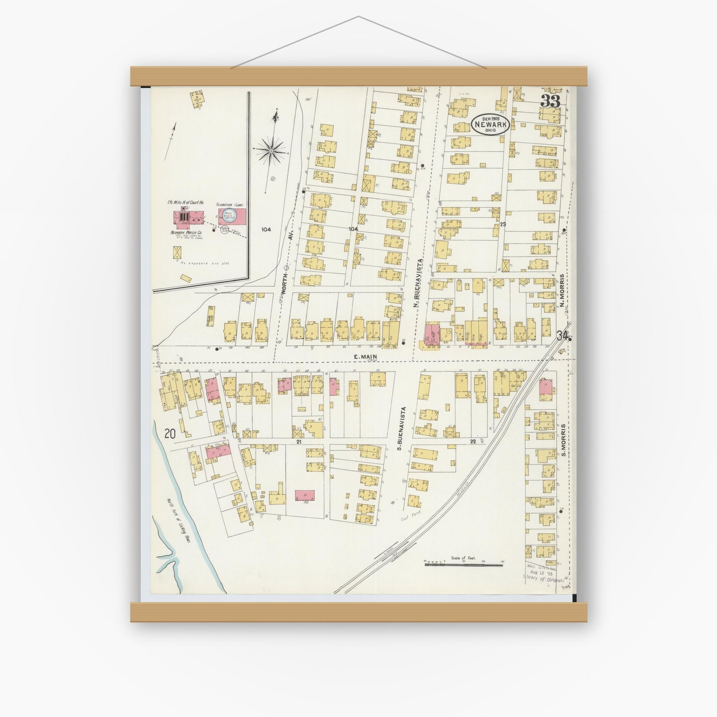 Old map wall art mockup — magnetic wood frame on white wall — Sanborn Fire Insurance Map from Newark, Licking County, Ohio (1905), Sheet #0033