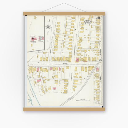 Old map wall art mockup — magnetic wood frame on white wall — Sanborn Fire Insurance Map from Newark, Licking County, Ohio (1905), Sheet #0033
