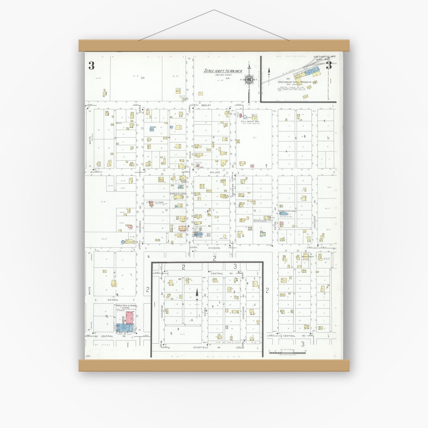 Old map wall art mockup — magnetic wood frame on white wall — Sanborn Fire Insurance Map from Greenwood, Clark County, Wisconsin (1940), Sheet #0003