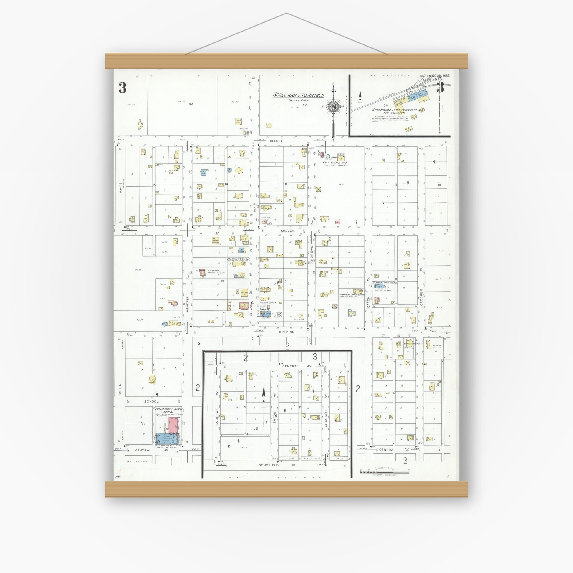 Old map wall art mockup — magnetic wood frame on white wall — Sanborn Fire Insurance Map from Greenwood, Clark County, Wisconsin (1940), Sheet #0003