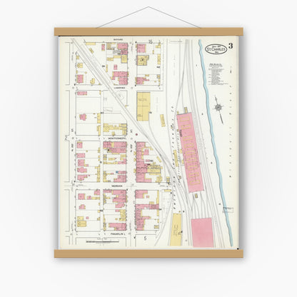 Old map wall art mockup — magnetic wood frame on white wall — Sanborn Fire Insurance Map from Saint Charles, Saint Charles County, Missouri (1917), Sheet #0003