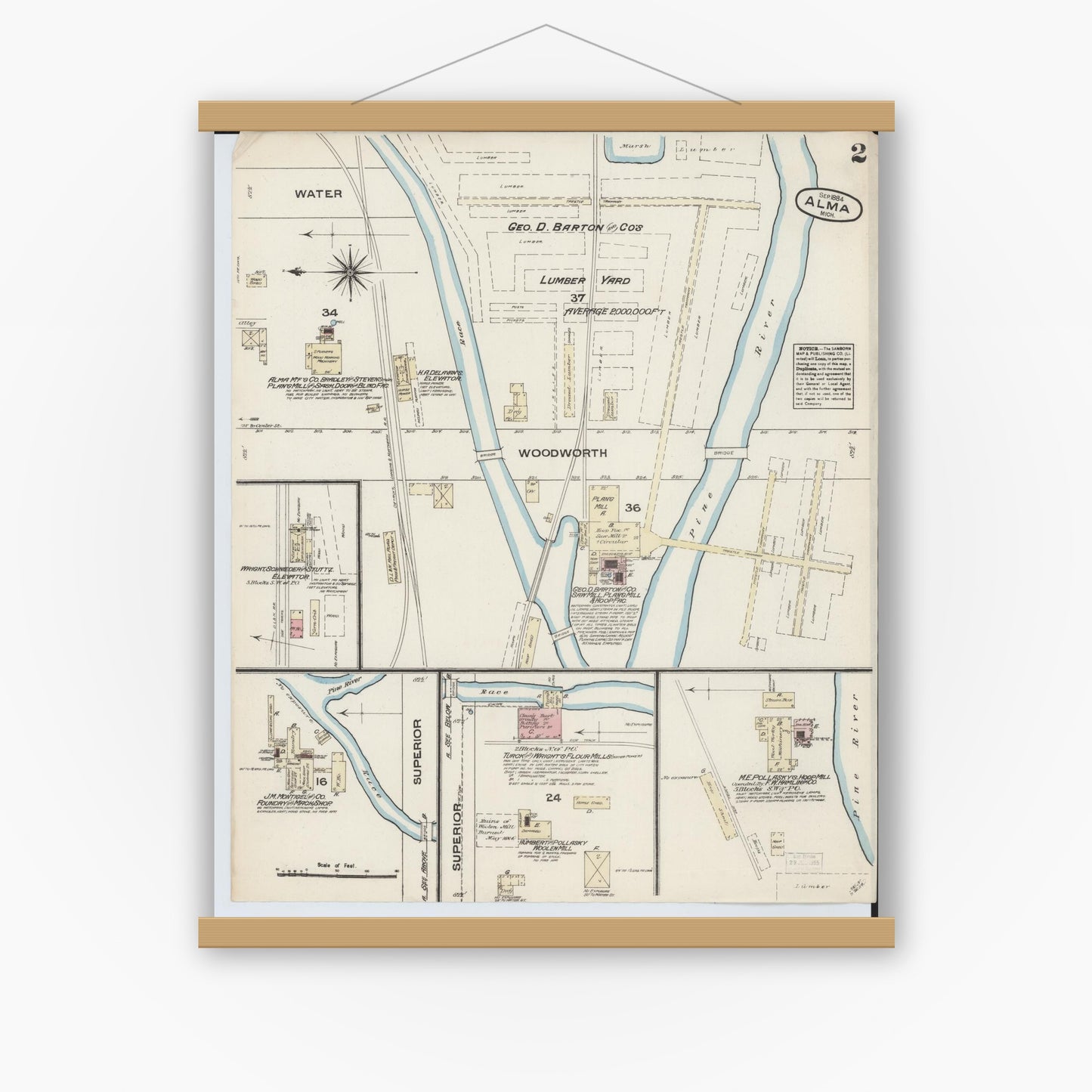 Old map wall art mockup — magnetic wood frame on white wall — Sanborn Fire Insurance Map from Alma, Gratiot County, Michigan (1884), Sheet #0002