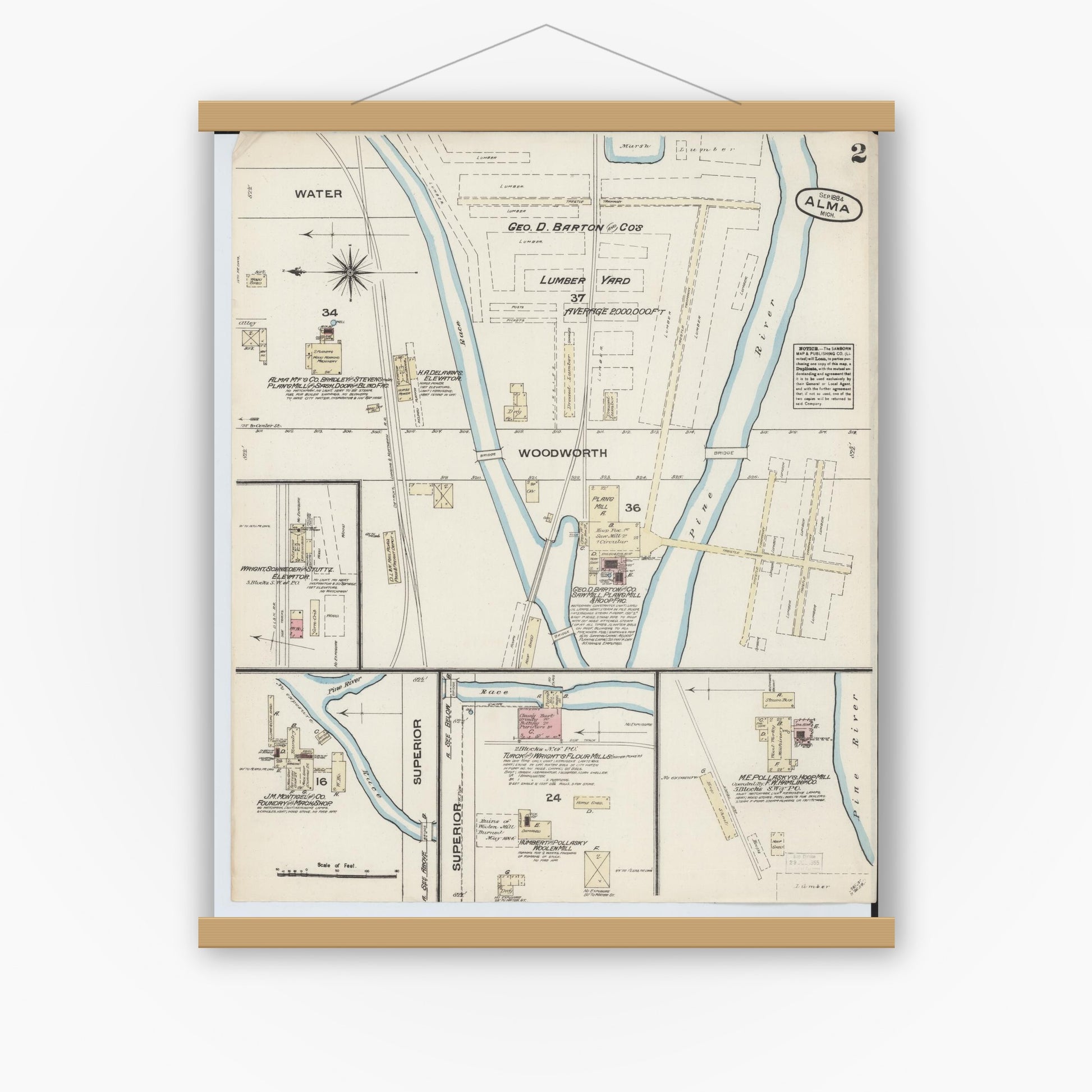 Old map wall art mockup — magnetic wood frame on white wall — Sanborn Fire Insurance Map from Alma, Gratiot County, Michigan (1884), Sheet #0002