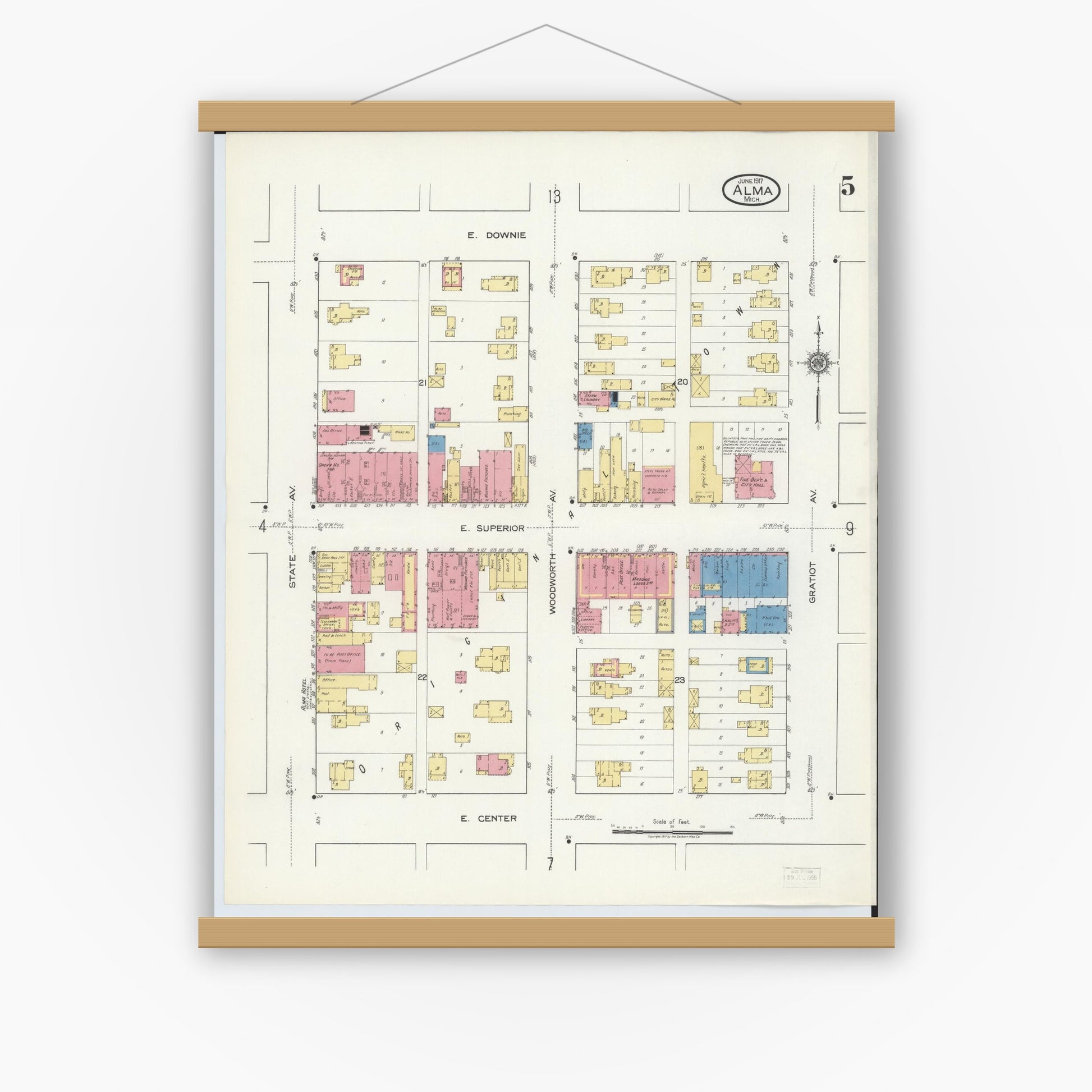 Old map wall art mockup — magnetic wood frame on white wall — Sanborn Fire Insurance Map from Alma, Gratiot County, Michigan (1917), Sheet #0005