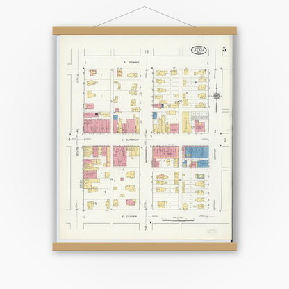 Old map wall art mockup — magnetic wood frame on white wall — Sanborn Fire Insurance Map from Alma, Gratiot County, Michigan (1917), Sheet #0005