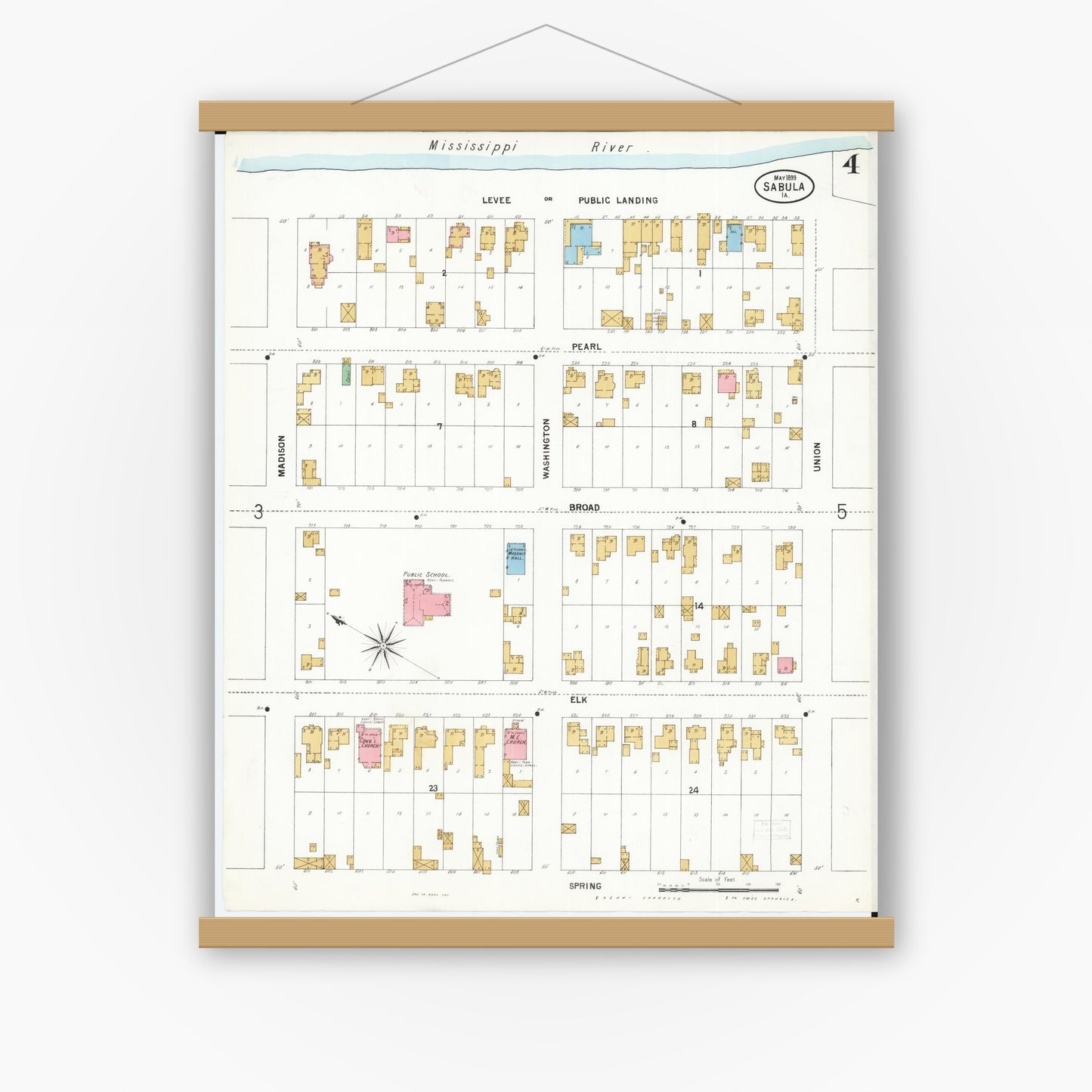 Old map wall art mockup — magnetic wood frame on white wall — Sanborn Fire Insurance Map from Sabula, Jackson County, Iowa (1899), Sheet #0004