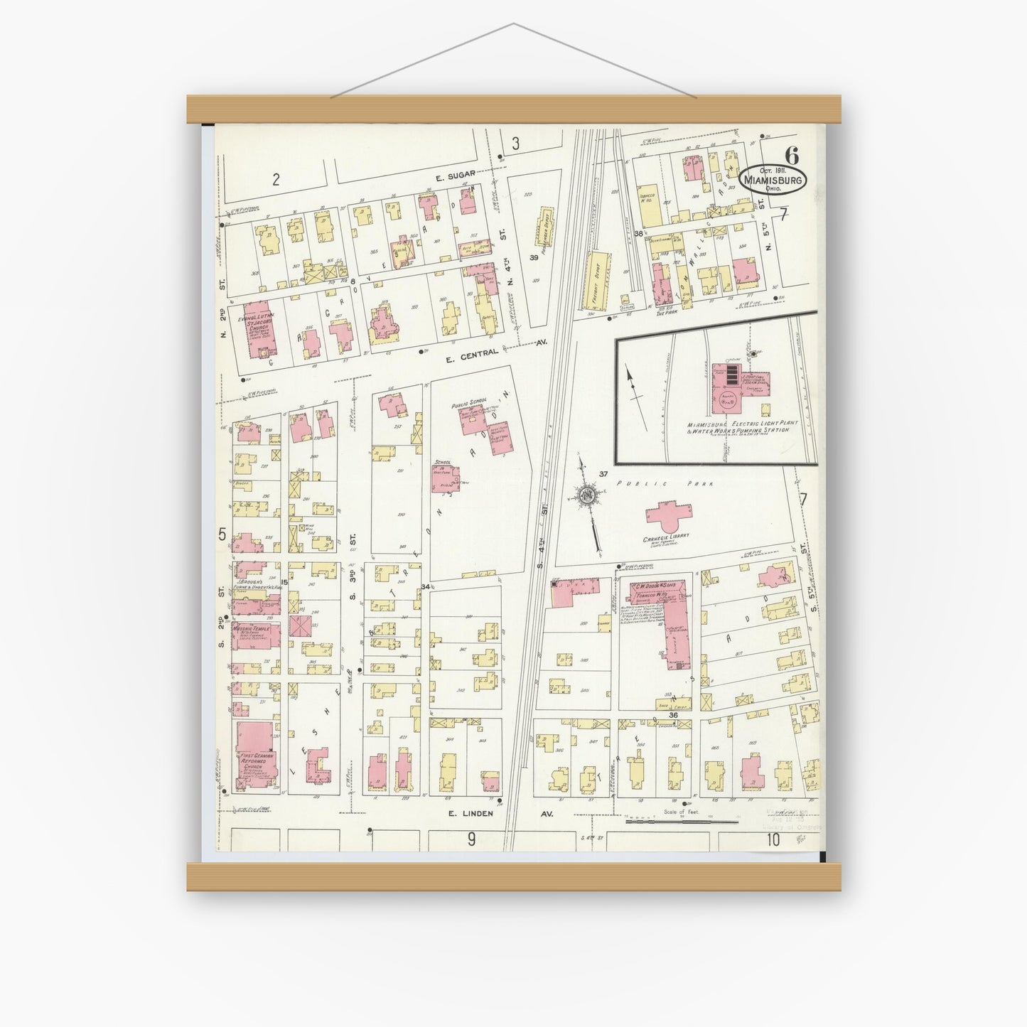 Old map wall art mockup — magnetic wood frame on white wall — Sanborn Fire Insurance Map from Miamisburg, Montgomery County, Ohio (1911), Sheet #0006