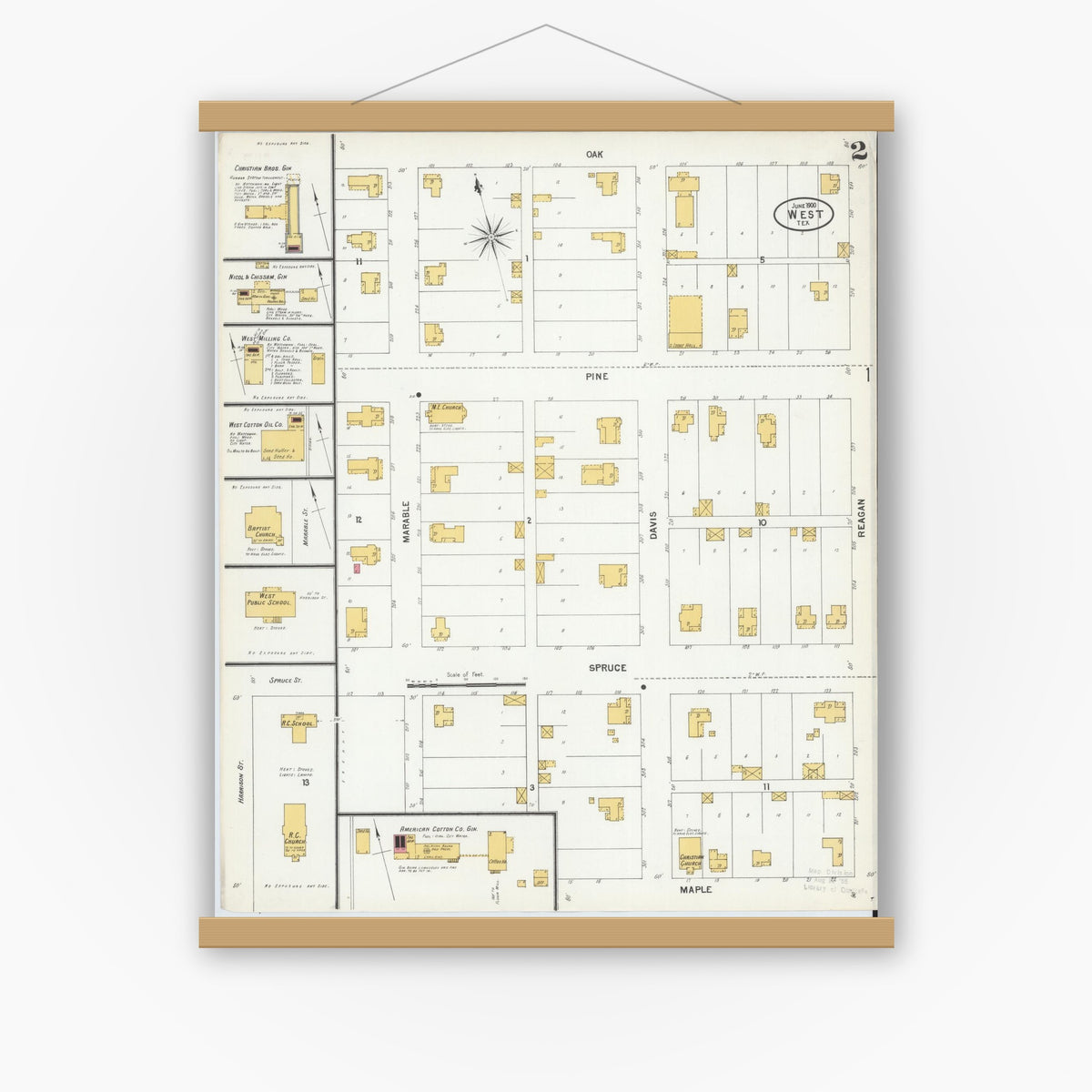 Old map wall art mockup — magnetic wood frame on white wall — Sanborn Fire Insurance Map from West, McLennan County, Texas (1900), Sheet #0002
