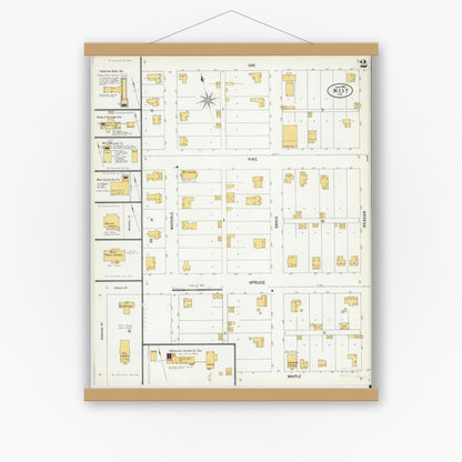Old map wall art mockup — magnetic wood frame on white wall — Sanborn Fire Insurance Map from West, McLennan County, Texas (1900), Sheet #0002