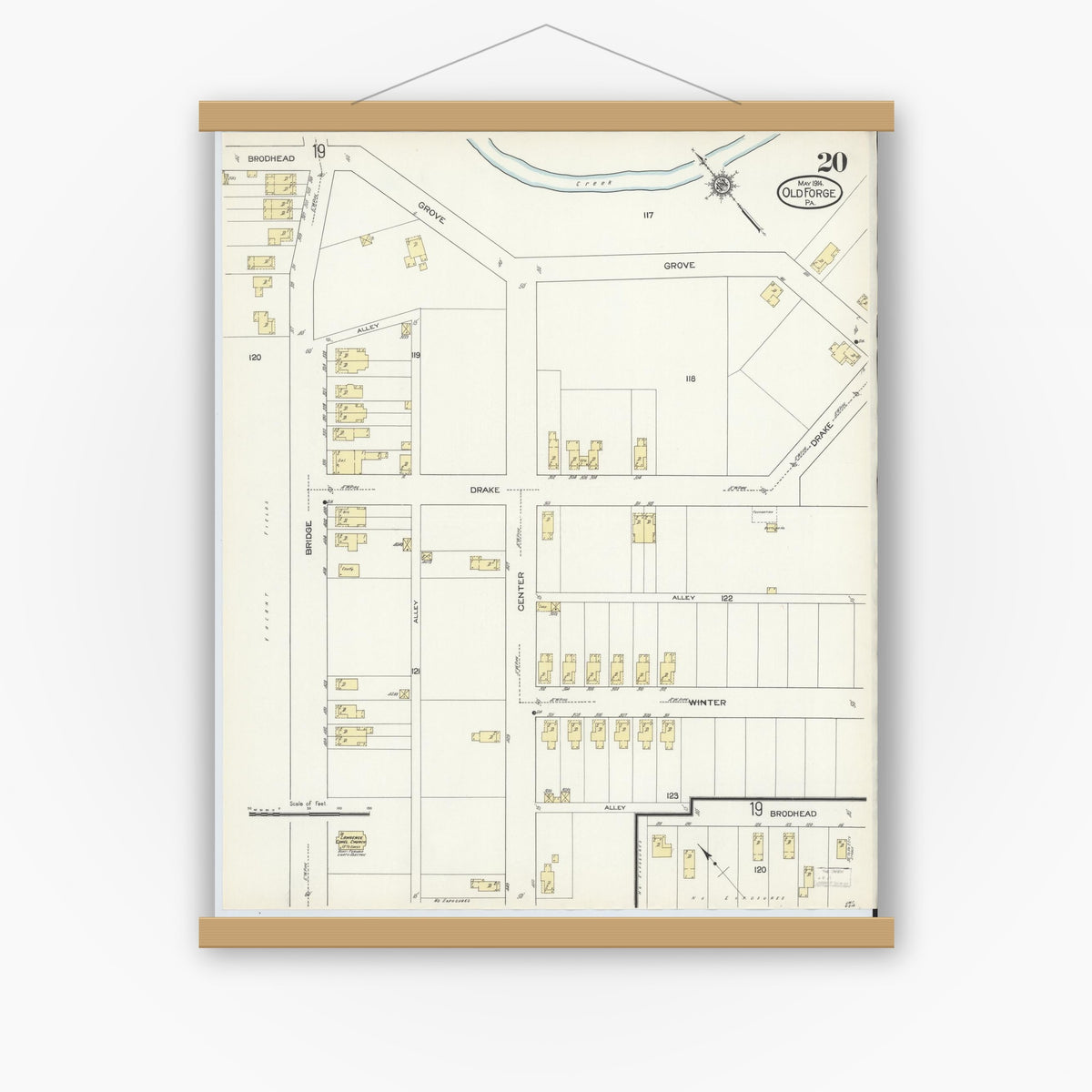 Old map wall art mockup — magnetic wood frame on white wall — Sanborn Fire Insurance Map from Old Forge, Lackawanna County, Pennsylvania (1914), Sheet #0020
