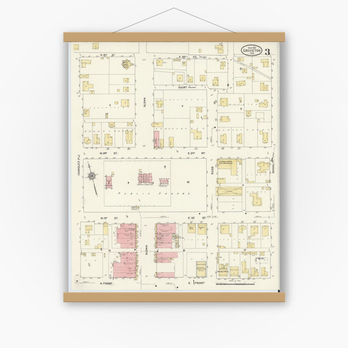Old map wall art mockup — magnetic wood frame on white wall — Sanborn Fire Insurance Map from Groveton, Trinity County, Texas (1912), Sheet #0003