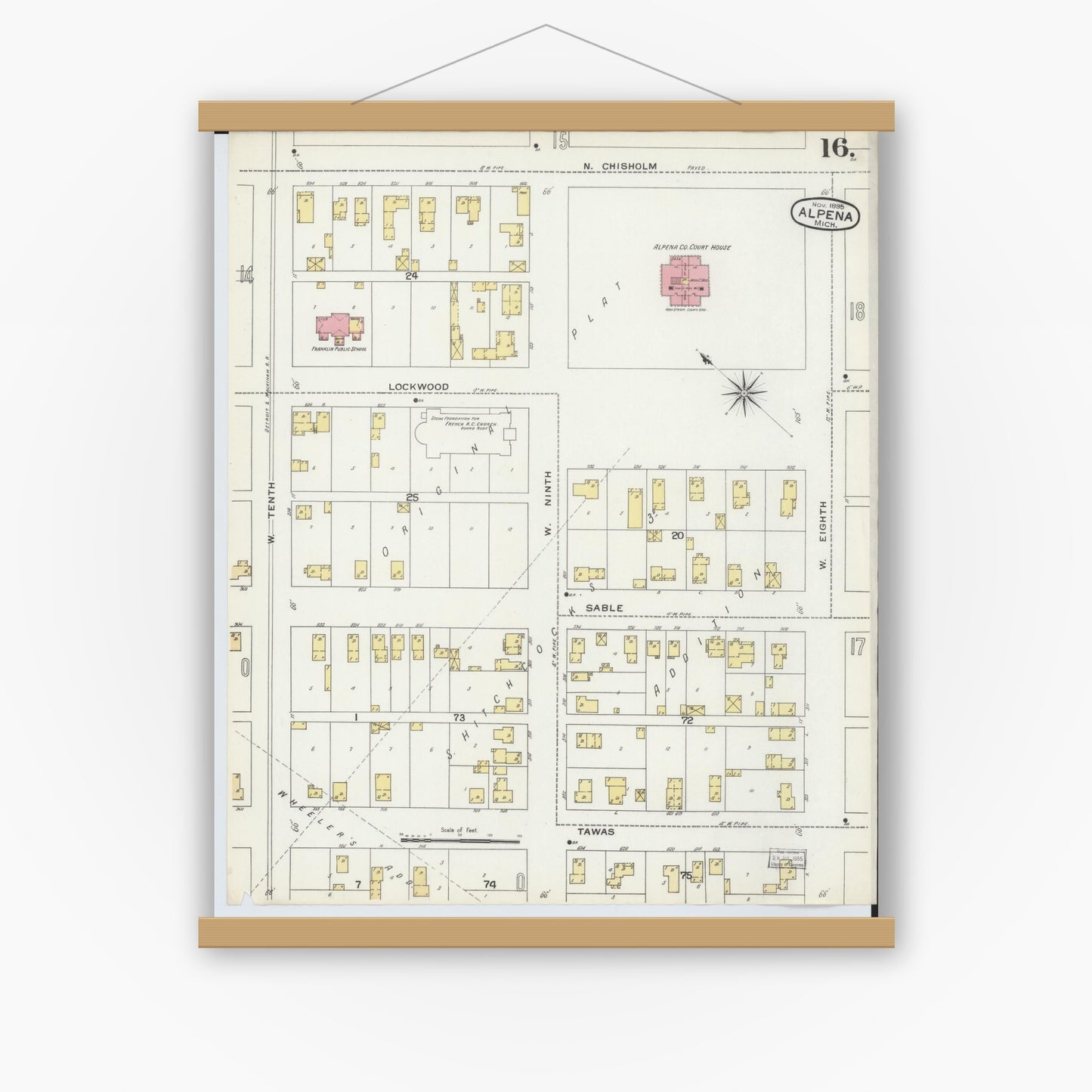 Old map wall art mockup — magnetic wood frame on white wall — Sanborn Fire Insurance Map from Alpena, Alpena County, Michigan (1895), Sheet #0016