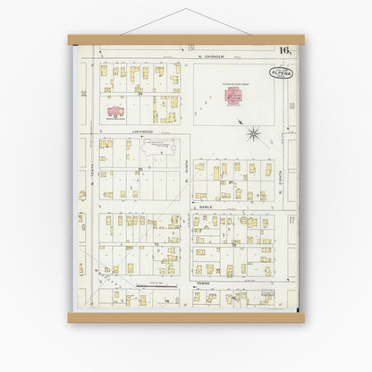 Old map wall art mockup — magnetic wood frame on white wall — Sanborn Fire Insurance Map from Alpena, Alpena County, Michigan (1895), Sheet #0016