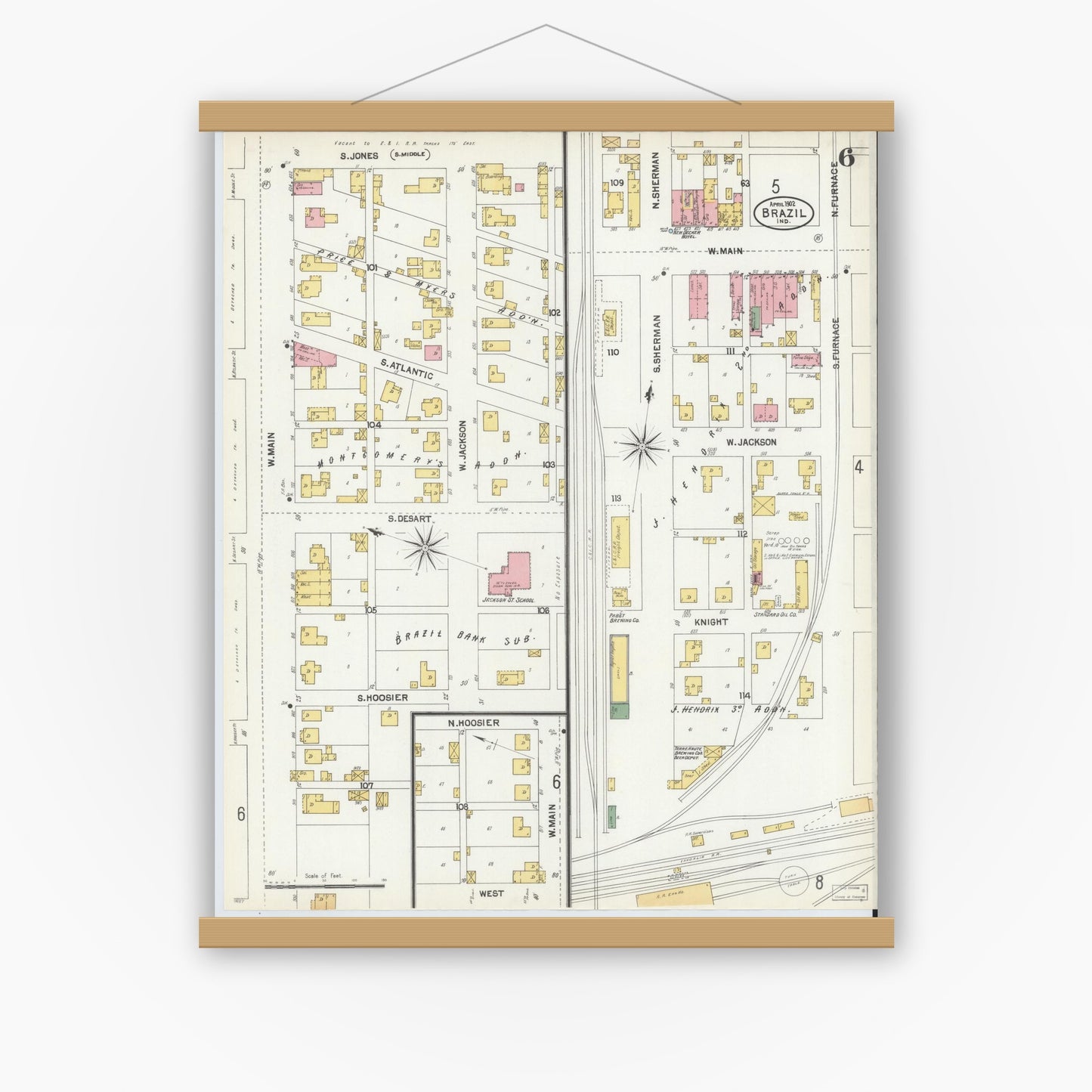 Old map wall art mockup — magnetic wood frame on white wall — Sanborn Fire Insurance Map from Brazil, Clay County, Indiana (1902), Sheet #0006