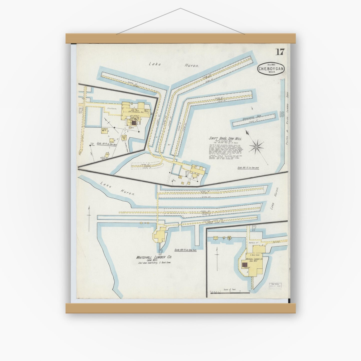 Old map wall art mockup — magnetic wood frame on white wall — Sanborn Fire Insurance Map from Cheboygan, Cheboygan County, Michigan (1895), Sheet #0017