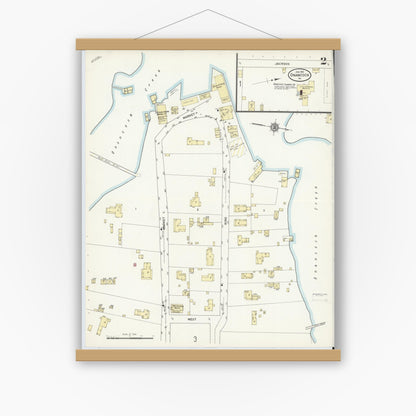 Old map wall art mockup — magnetic wood frame on white wall — Sanborn Fire Insurance Map from Onancock, Accomack County, Virginia (1912), Sheet #0002