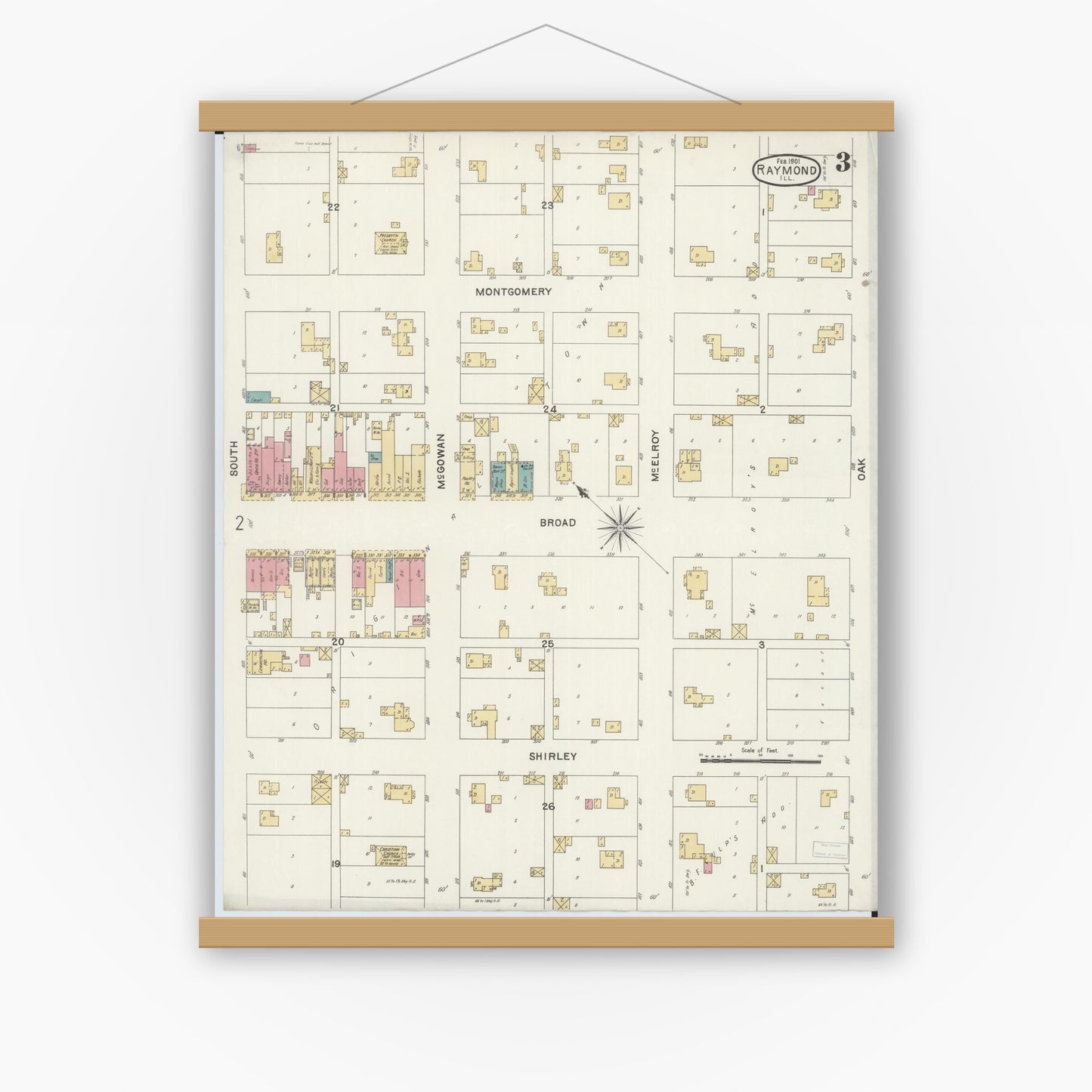 Old map wall art mockup — magnetic wood frame on white wall — Sanborn Fire Insurance Map from Raymond, Montgomery County, Illinois (1901), Sheet #0003