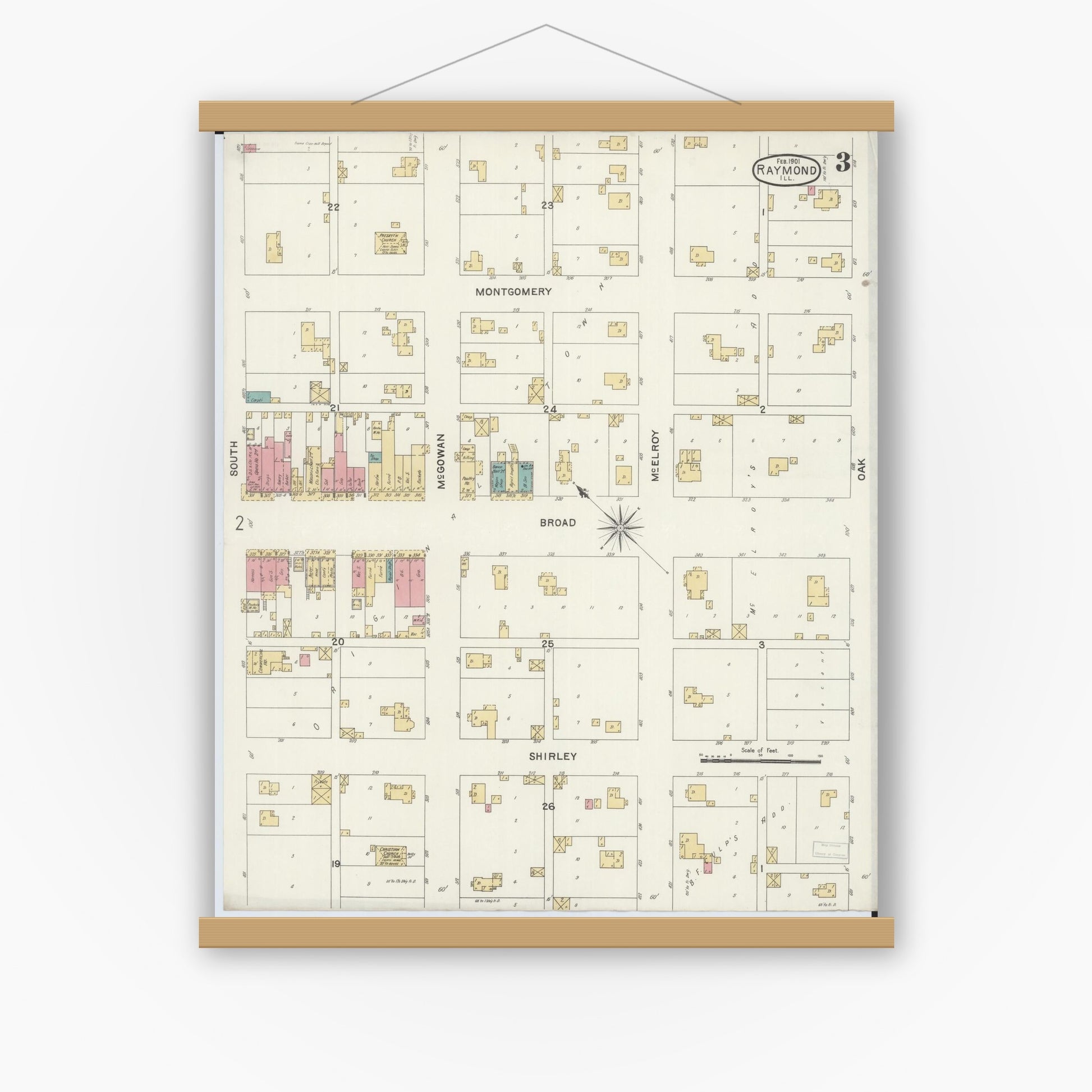 Old map wall art mockup — magnetic wood frame on white wall — Sanborn Fire Insurance Map from Raymond, Montgomery County, Illinois (1901), Sheet #0003