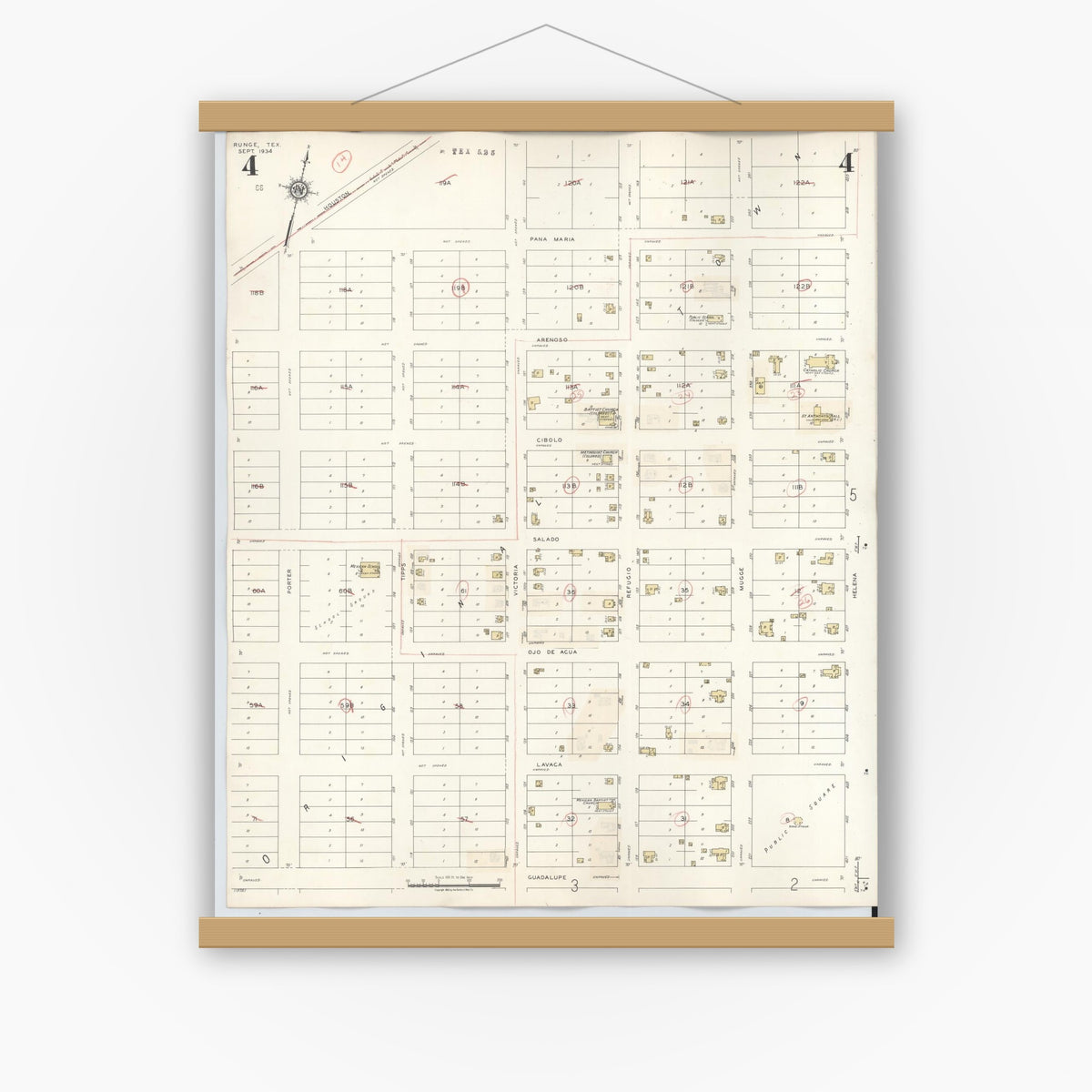 Old map wall art mockup — magnetic wood frame on white wall — Sanborn Fire Insurance Map from Runge, Karnes County, Texas (1944), Sheet #0004