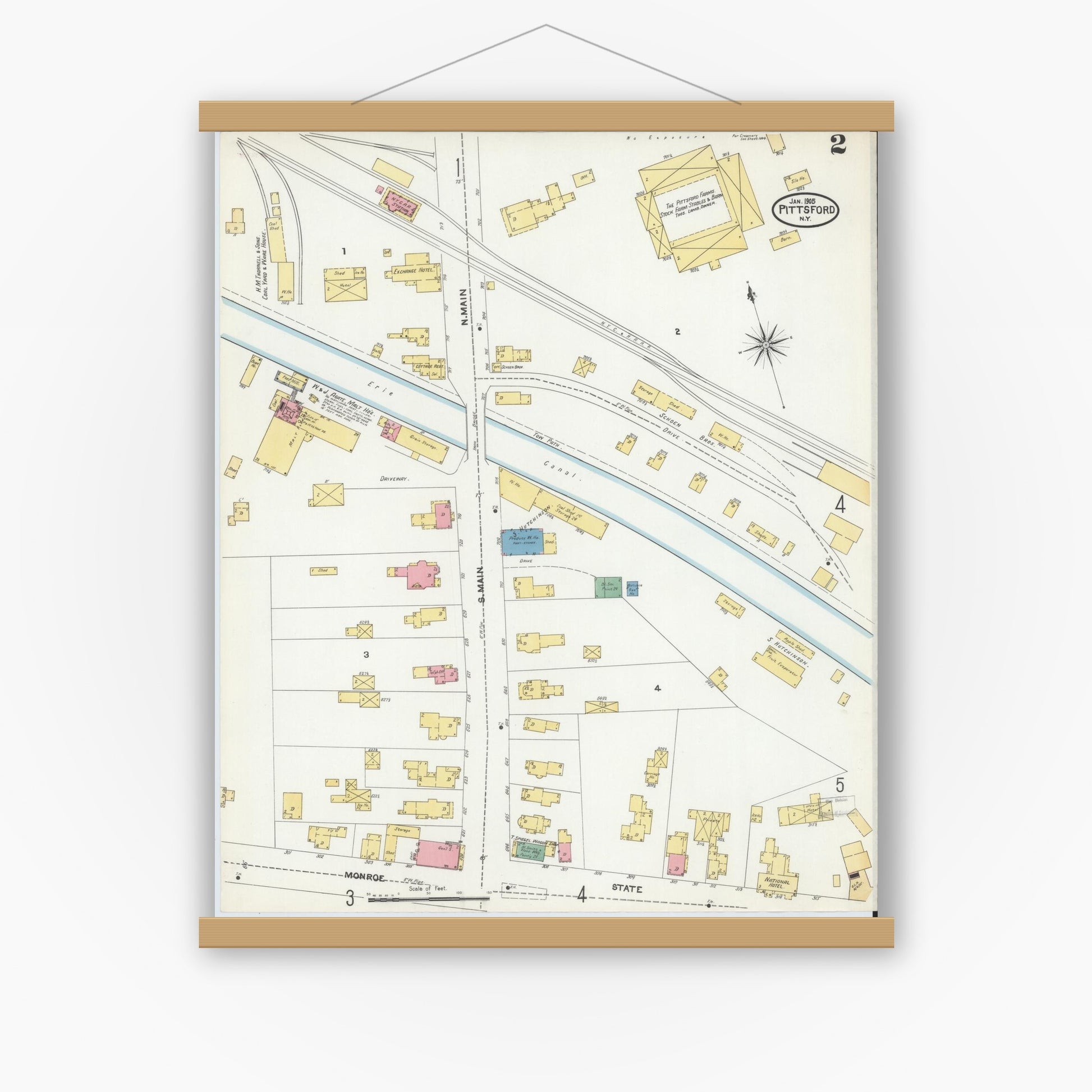 Old map wall art mockup — magnetic wood frame on white wall — Sanborn Fire Insurance Map from Pittsford, Monroe County, New York (1905), Sheet #0002