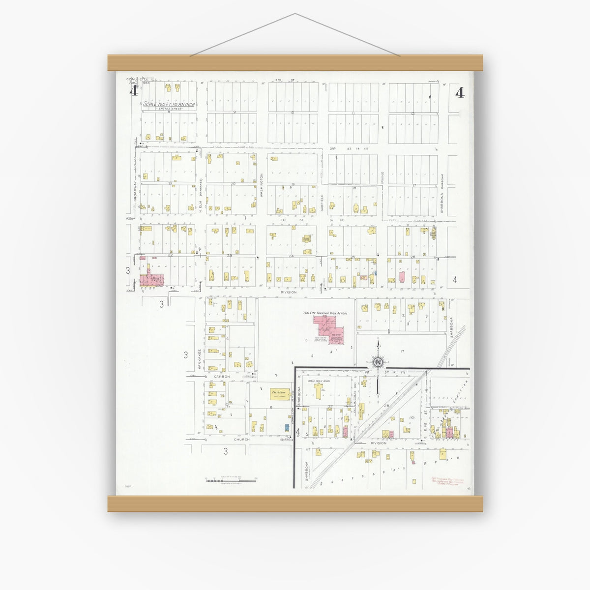 Old map wall art mockup — magnetic wood frame on white wall — Sanborn Fire Insurance Map from Coal City, Grundy County, Illinois (1933), Sheet #0004