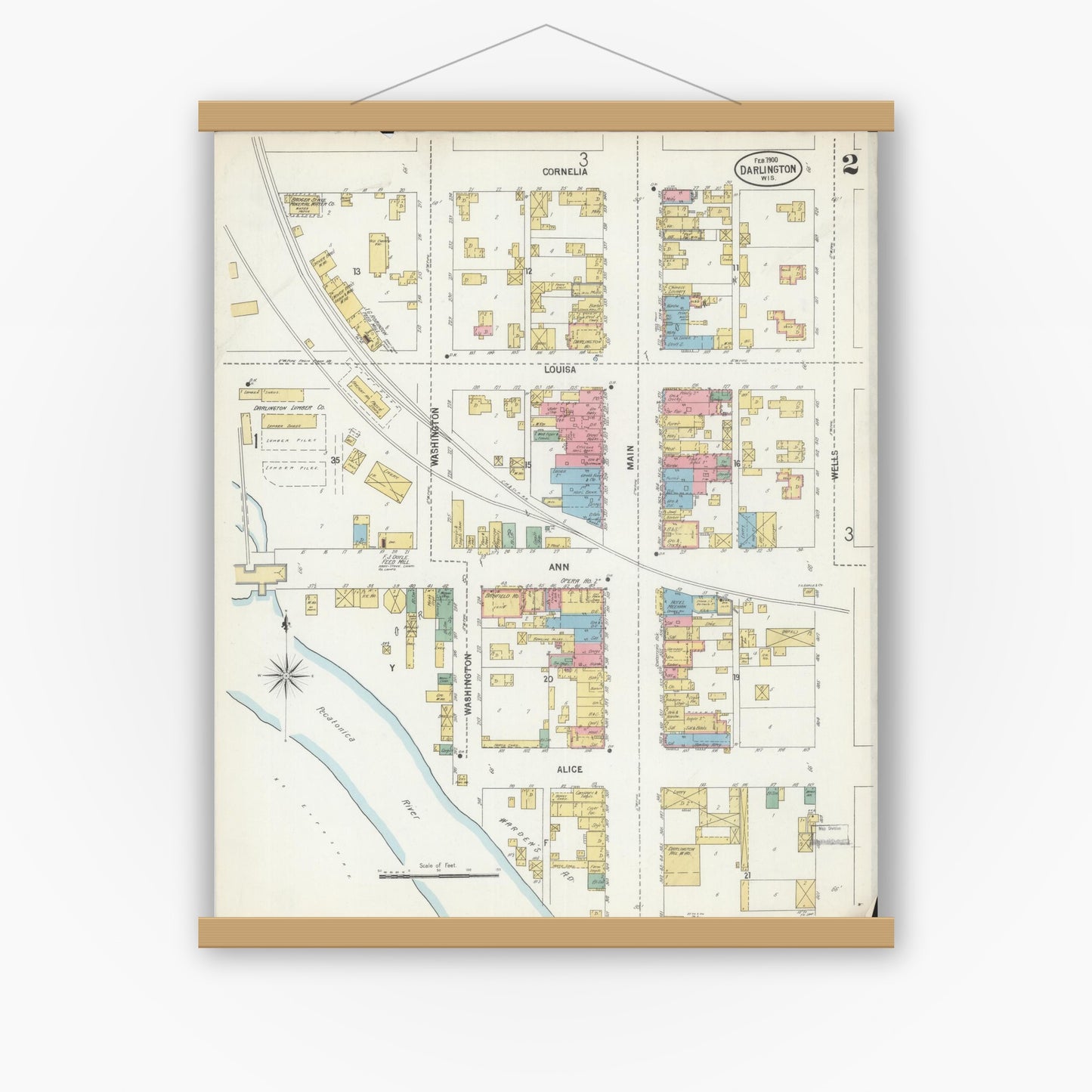 Old map wall art mockup — magnetic wood frame on white wall — Sanborn Fire Insurance Map from Darlington, Lafayette County, Wisconsin (1900), Sheet #0002