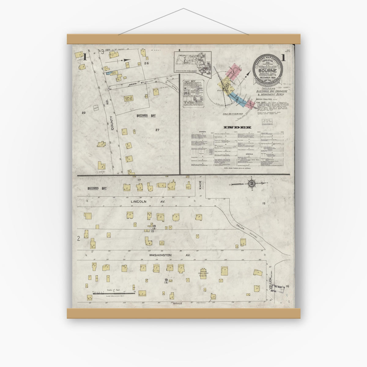 Old map wall art mockup — magnetic wood frame on white wall — Sanborn Fire Insurance Map from Bourne, Barnstable County, Massachusetts (1924) - Complete Map Set