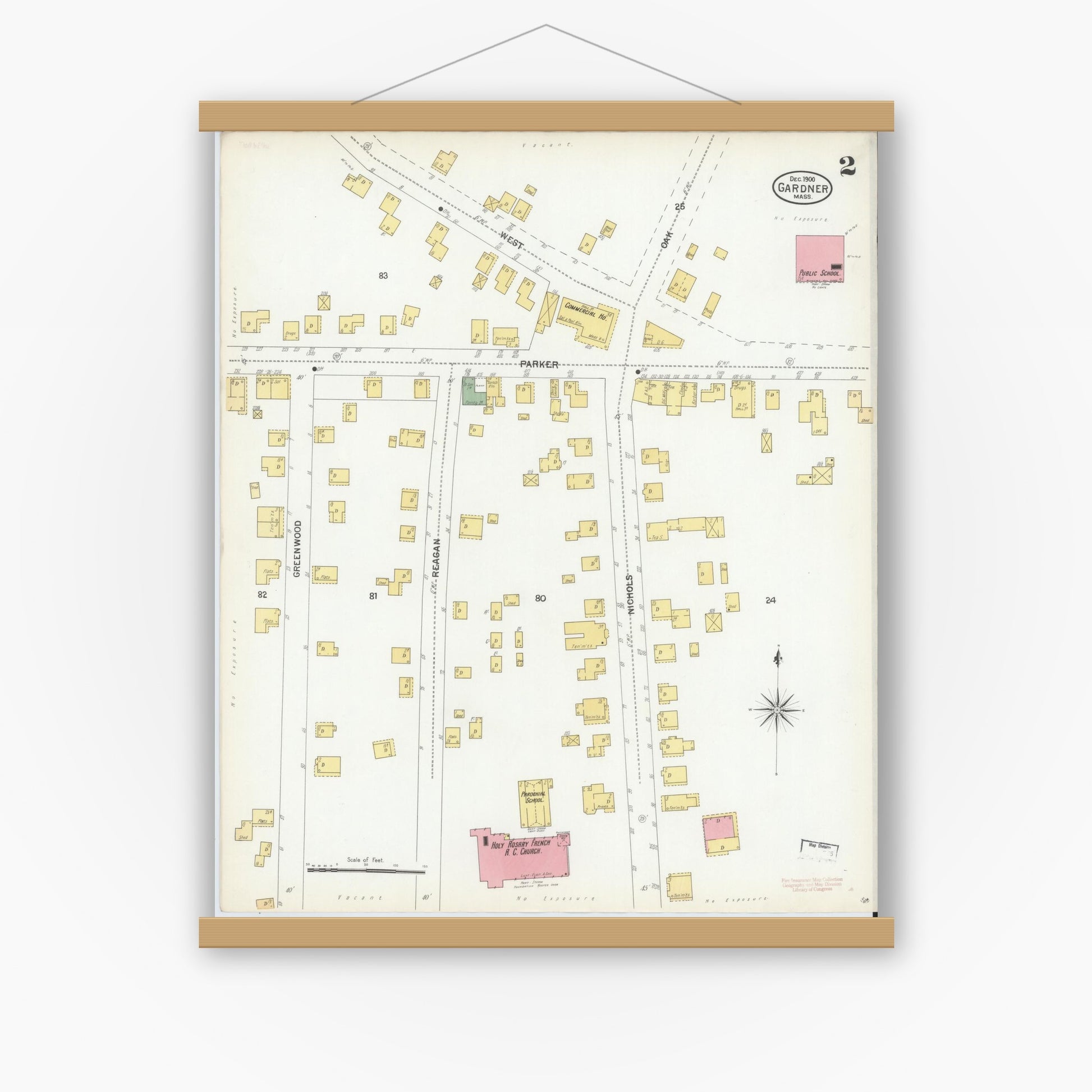 Old map wall art mockup — magnetic wood frame on white wall — Sanborn Fire Insurance Map from Gardner, Worcester County, Massachusetts (1900), Sheet #0002