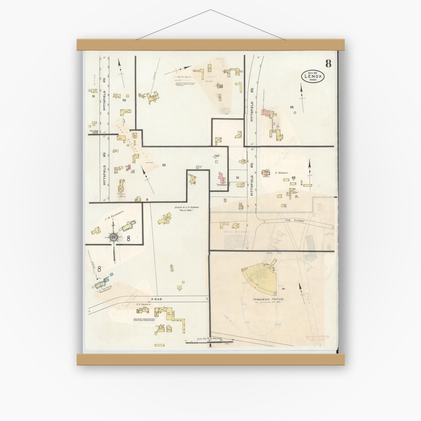 Old map wall art mockup — magnetic wood frame on white wall — Sanborn Fire Insurance Map from Lenox, Berkshire County, Massachusetts (1939), Sheet #0008