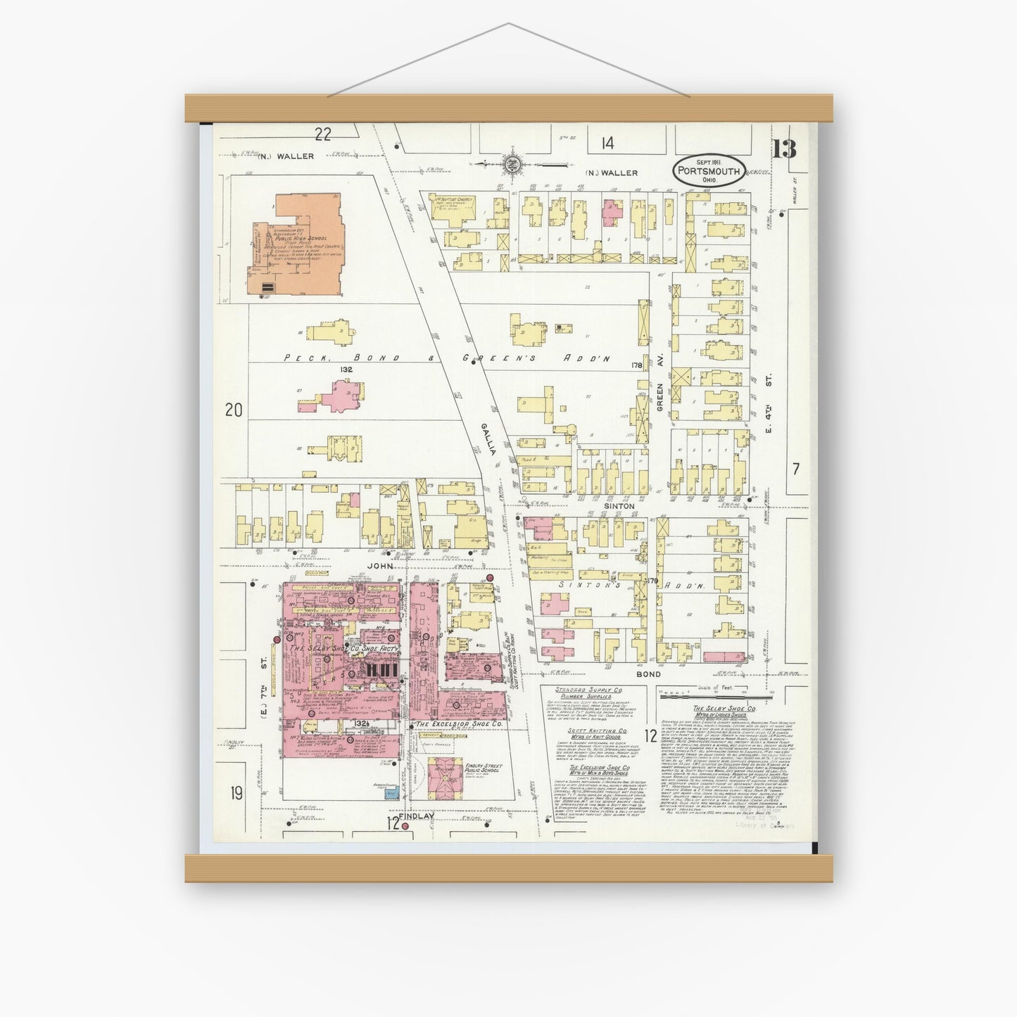 Old map wall art mockup — magnetic wood frame on white wall — Sanborn Fire Insurance Map from Portsmouth, Scioto County, Ohio (1911), Sheet #0013