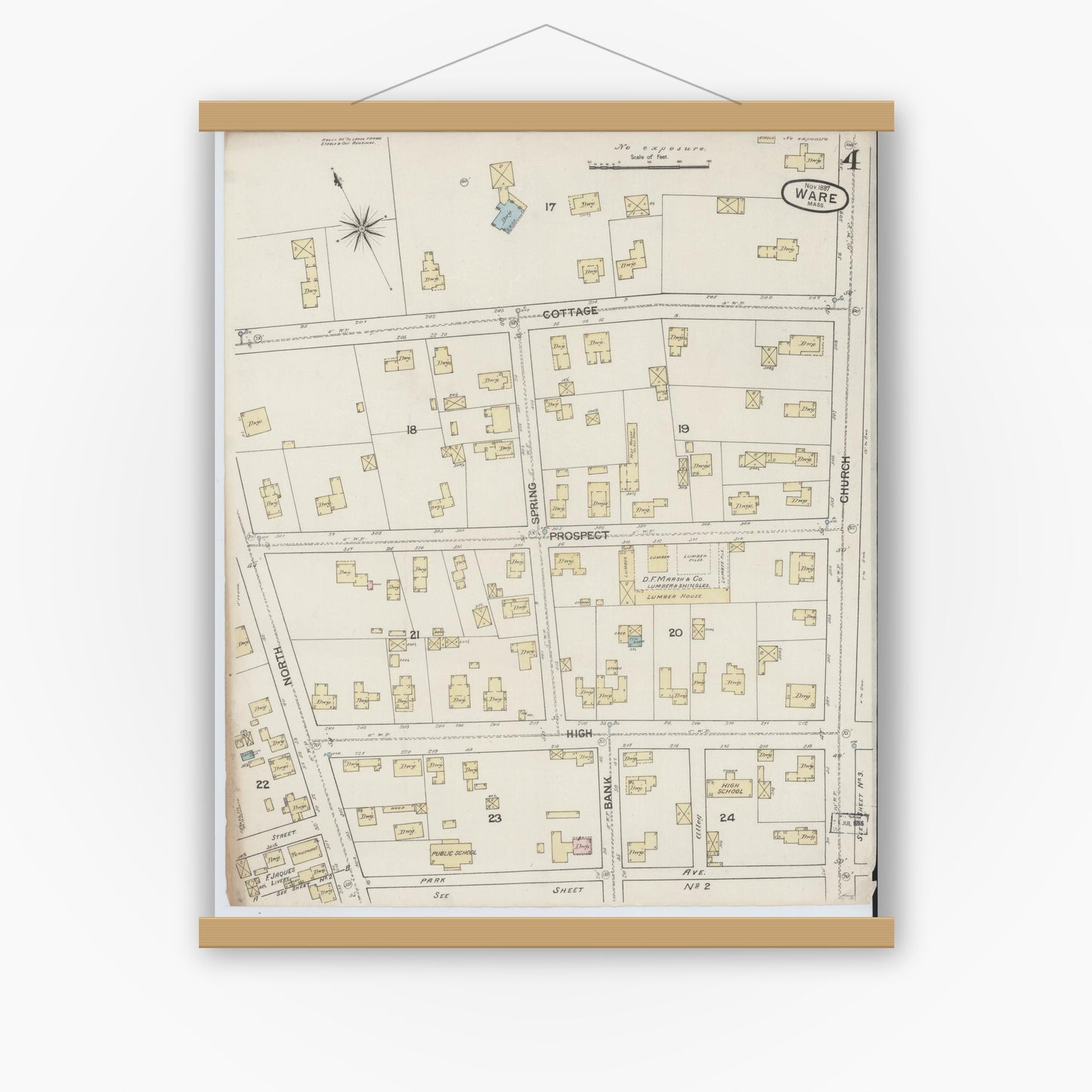 Old map wall art mockup — magnetic wood frame on white wall — Sanborn Fire Insurance Map from Ware, Hampshire County, Massachusetts (1887), Sheet #0004