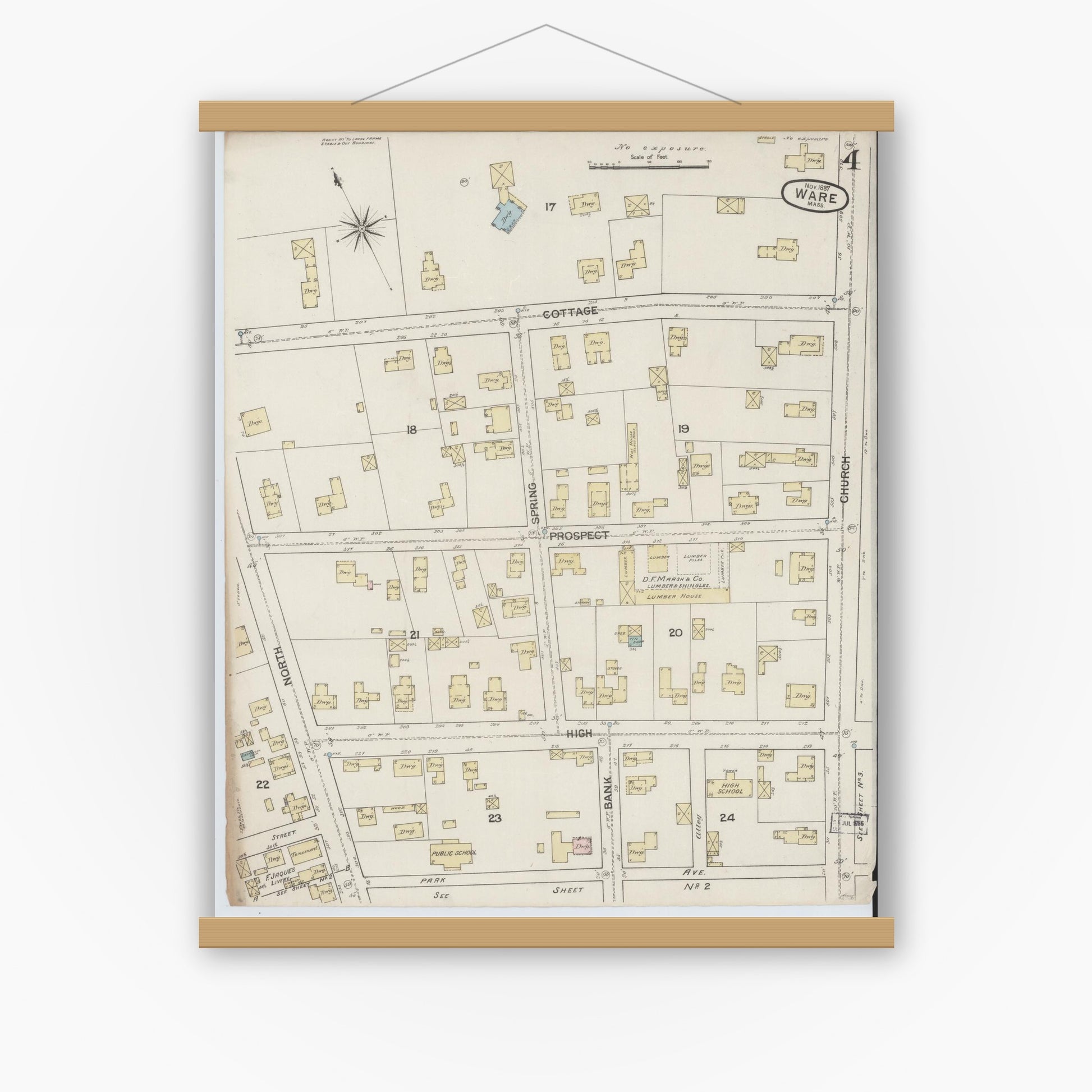 Old map wall art mockup — magnetic wood frame on white wall — Sanborn Fire Insurance Map from Ware, Hampshire County, Massachusetts (1887), Sheet #0004