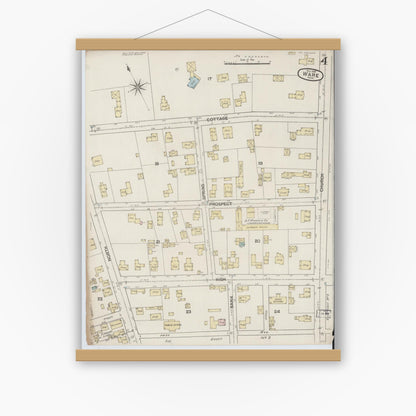 Old map wall art mockup — magnetic wood frame on white wall — Sanborn Fire Insurance Map from Ware, Hampshire County, Massachusetts (1887), Sheet #0004